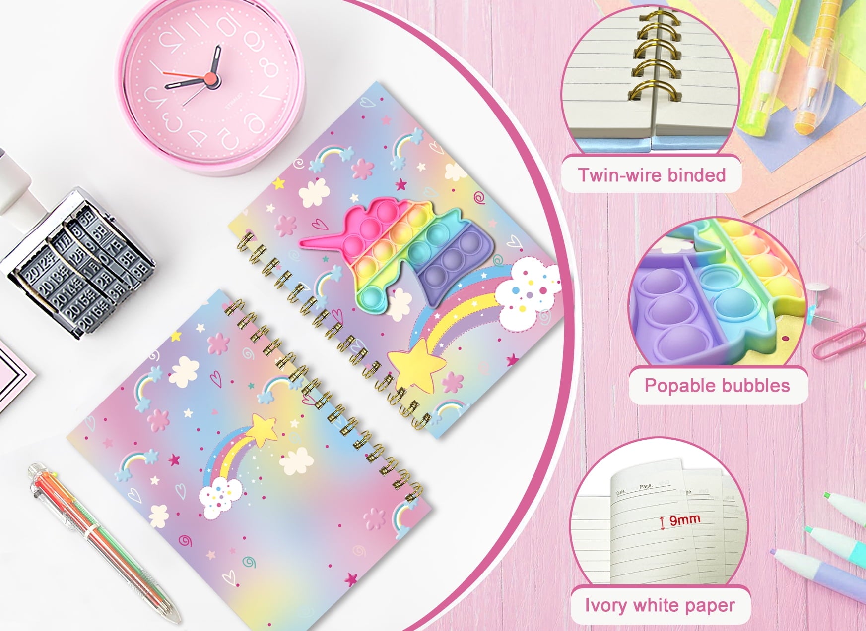 Pop Notebook with Pen, 21x14.5cm 160 Lined Pages Unicorn Spiral Journal for Studnets with 6 Multicolor Pen Fidget Wri... - Image 3