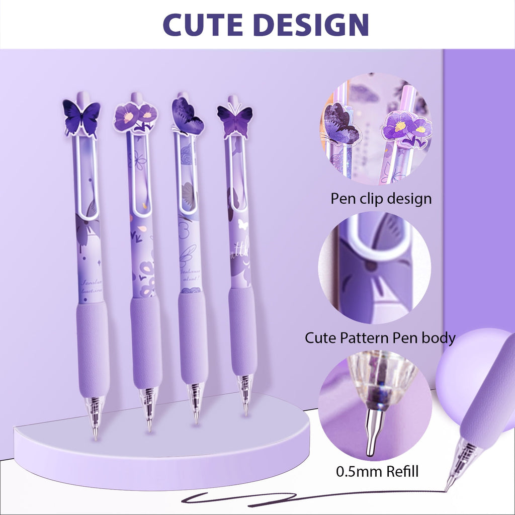 8 Pcs Purple Butterfly Pens Cute Retractable Gel Pens 0.5mm Black Ink Writing Pen for Women Men Pen Set Office Home Supplies - Image 4