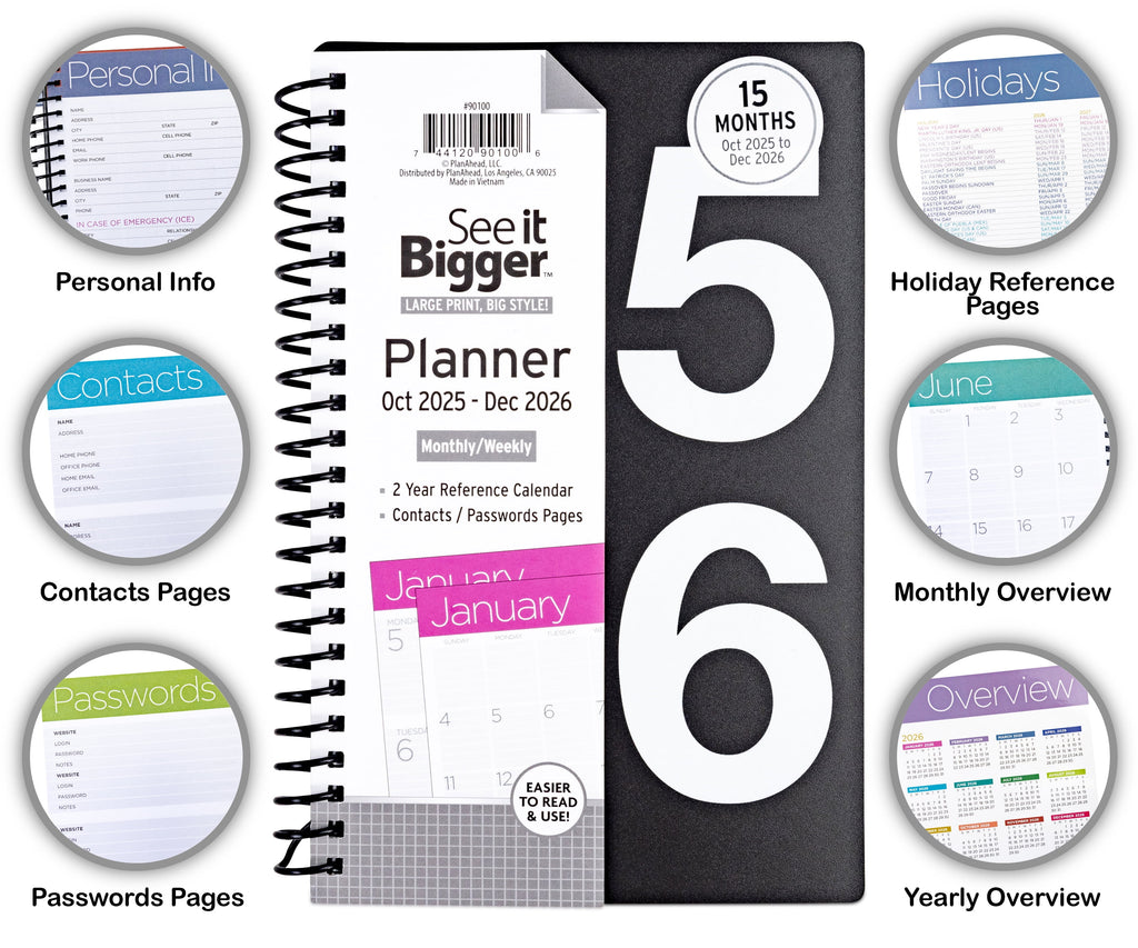 Monthly Weekly Planner Medium (5.25" x 8") Black, 15-month, Oct 2025-Dec 2026 - Image 2
