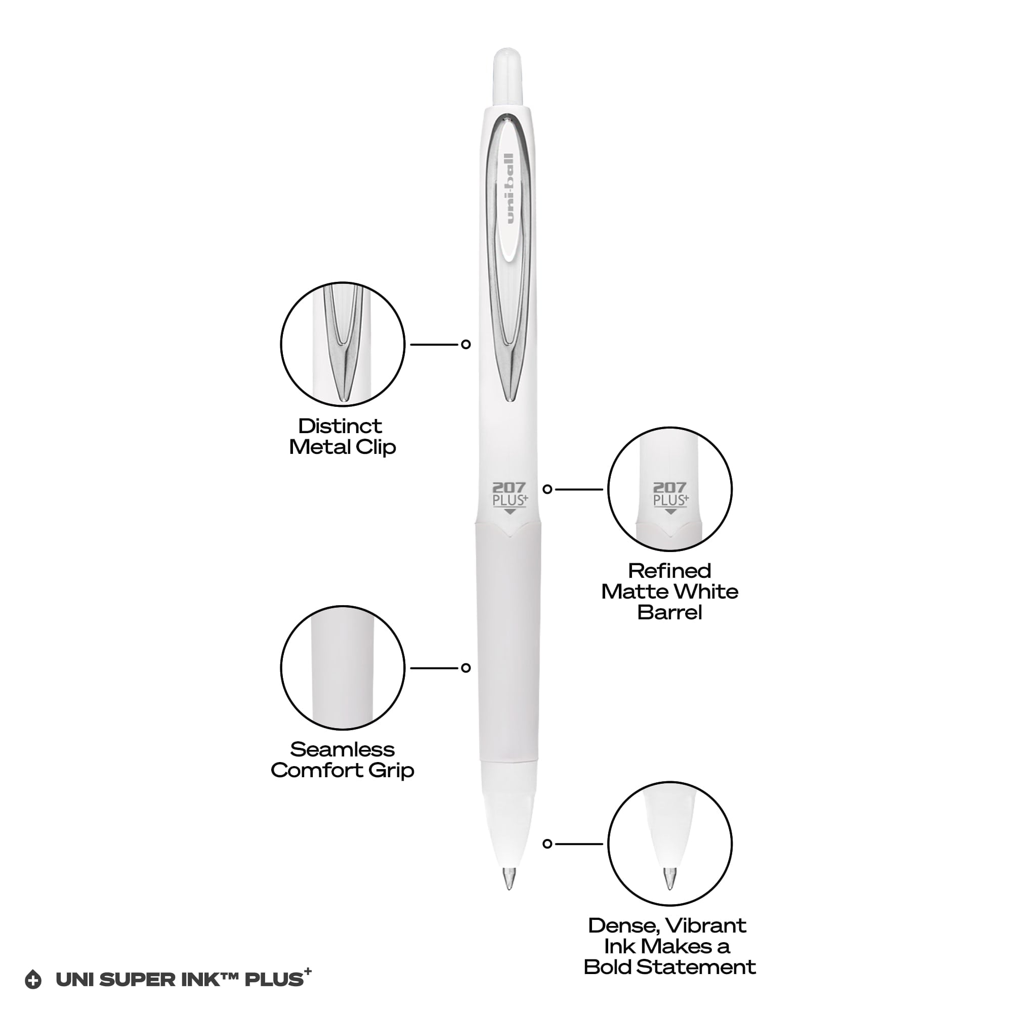 207 Plus+ Retractable Gel Pens, Medium Point (0.7mm), White Barrel, Black Ink. 4 Pack - Image 4