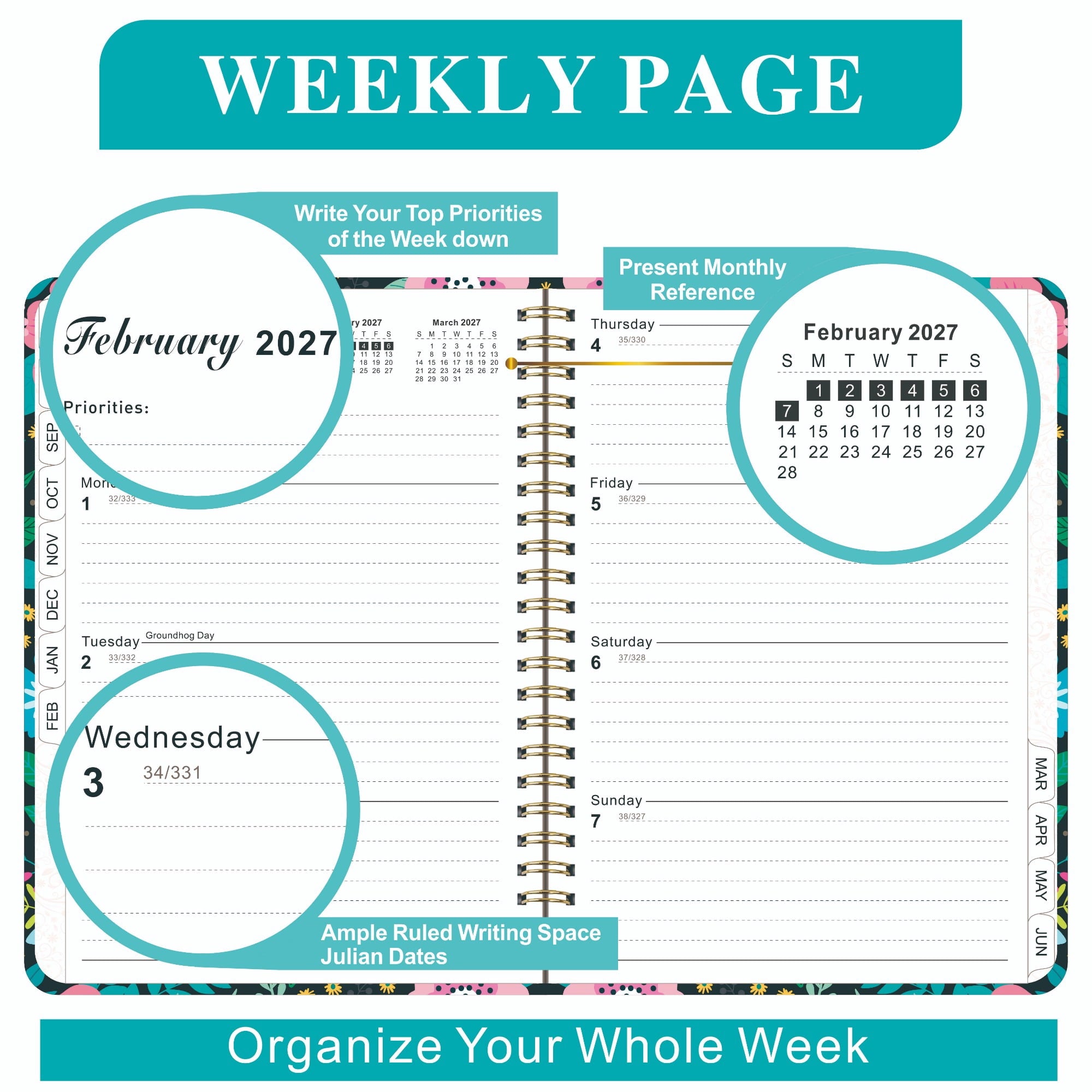 Daily Planner 2026-2027, 6.2 x 8.5 Inch Weekly & Monthly Organizer, Hardcover Agenda with Tabs & Notes - Image 6