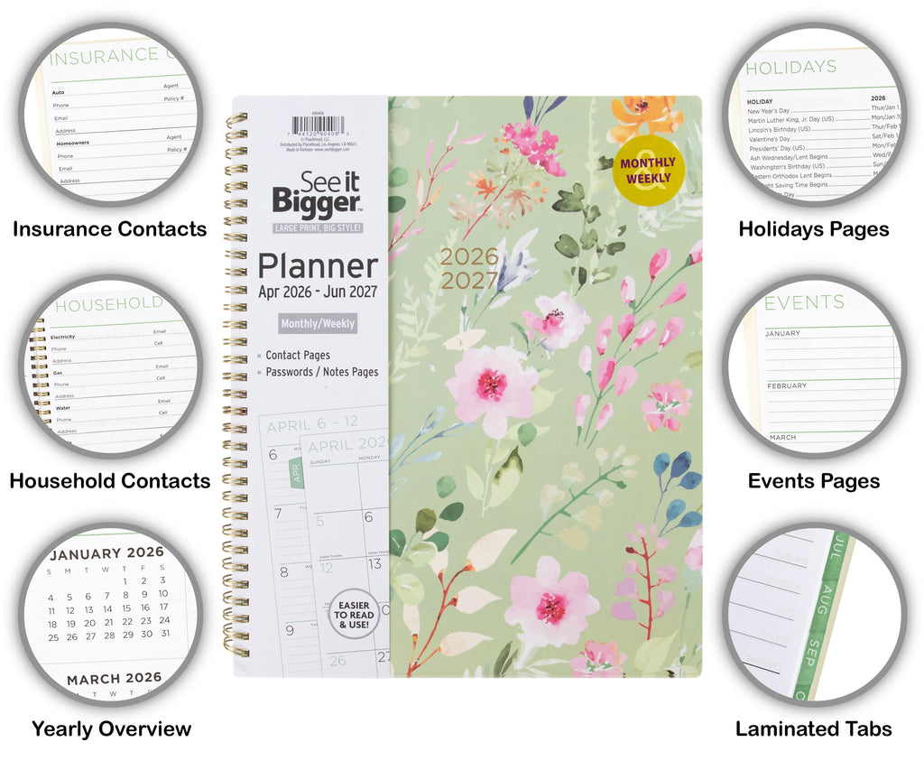 M/W Planner, Large (9" x 11"), Green Floral, 15-Month: Apr 2026 - Jun 2027 - Image 3