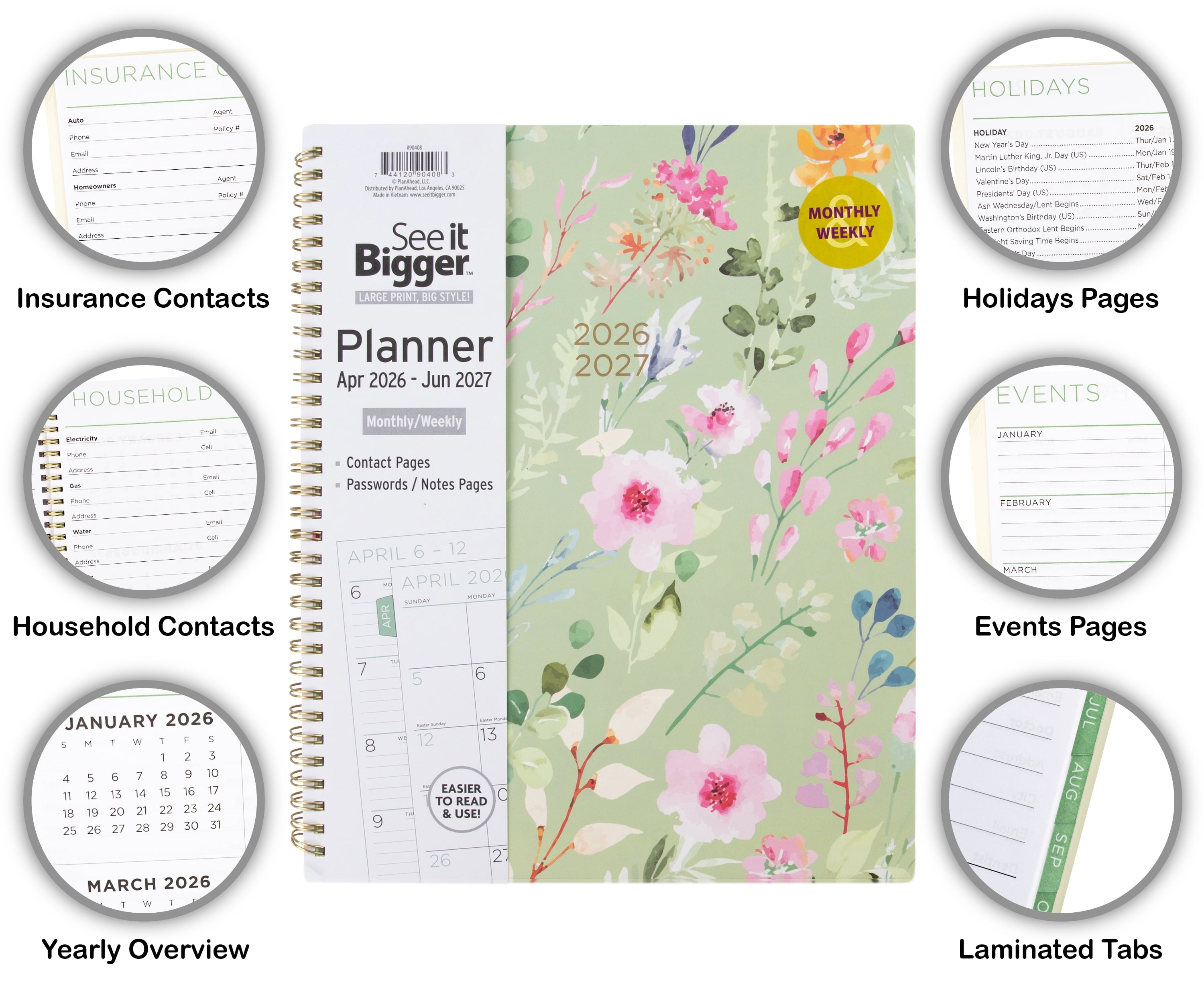 M/W Planner, Large (9" x 11"), Green Floral, 15-Month: Apr 2026 - Jun 2027 - Image 3