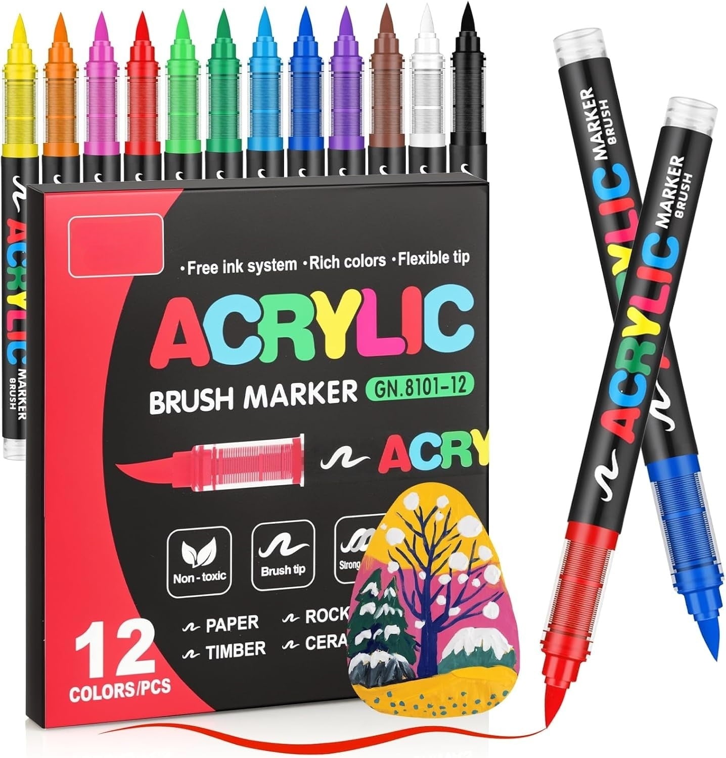 12 Colors Acrylic Paint Markers, Soft Brush Tip Acrylic Paint Pens,Quick-Drying Waterproof Acrylic Markers for Canvas...