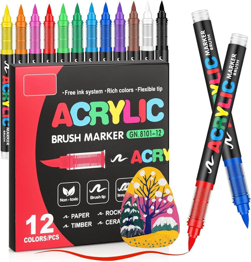 12 Colors Acrylic Paint Markers, Soft Brush Tip Acrylic Paint Pens,Quick-Drying Waterproof Acrylic Markers for Canvas...
