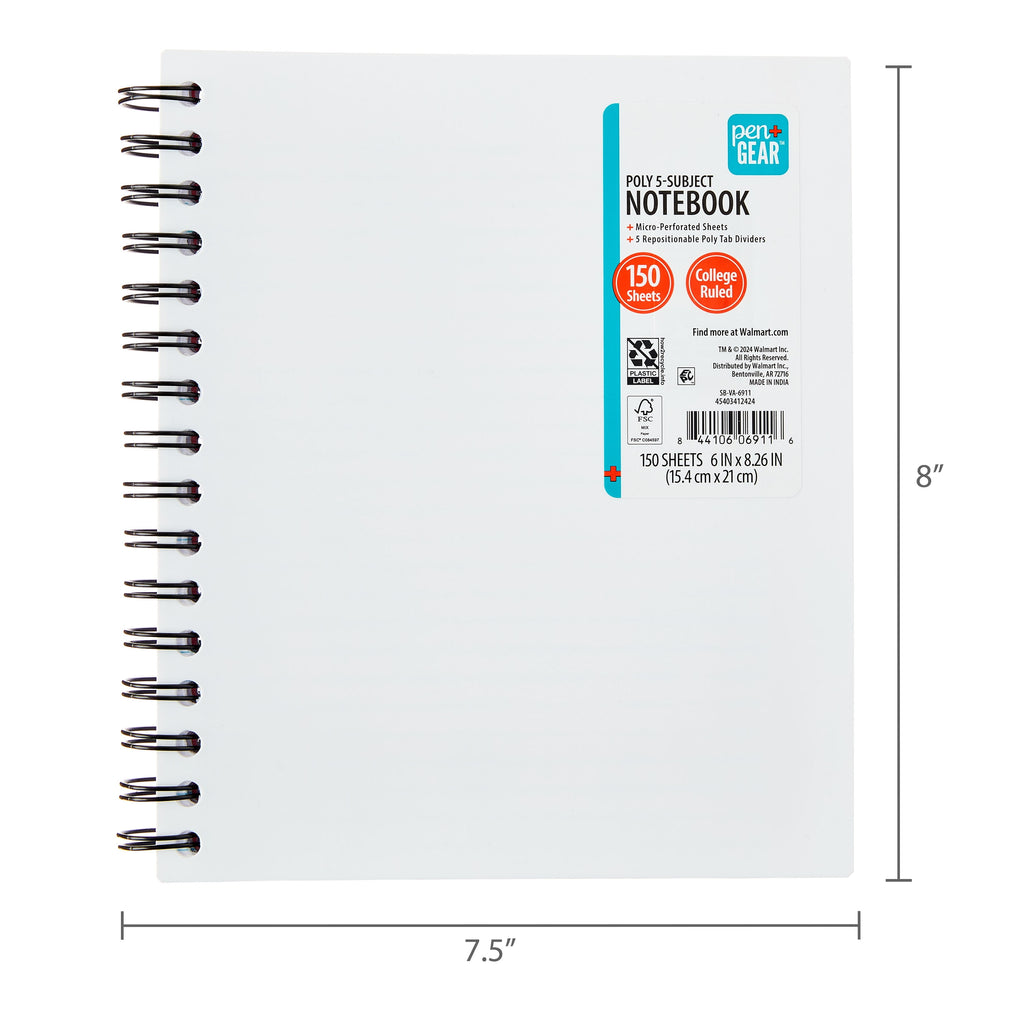 College Ruled 5-Subject Poly Notebook, 6" x 8.26", White, 150 Sheets - Image 6