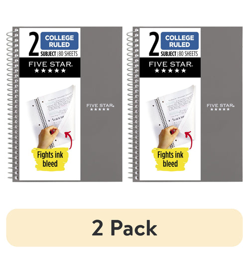 (2 pack) Five Star Spiral Notebook, 2 Subject, College Ruled, 6" x 9.5", Gray