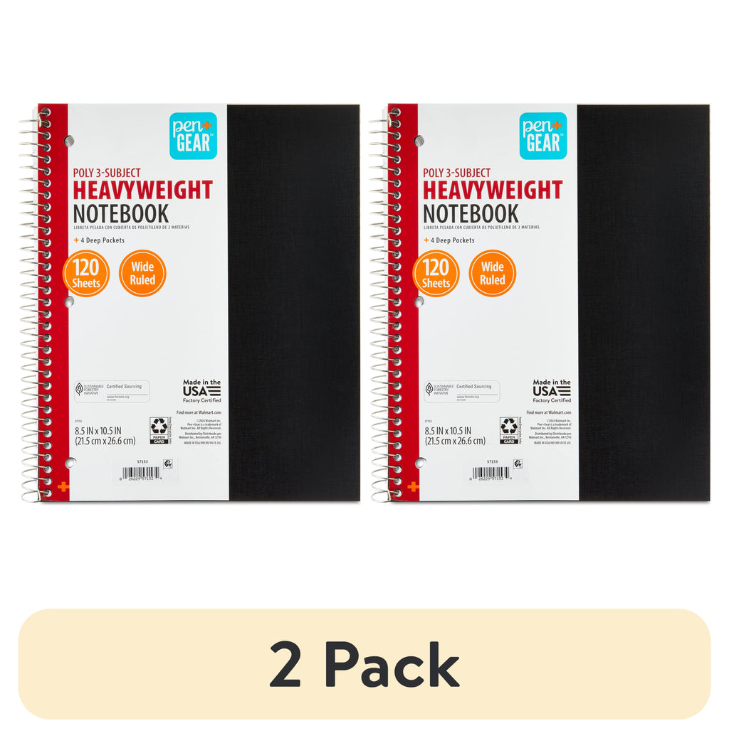 (2 pack) Wide Ruled 3-Subject Poly Notebook, Black, 8.5" x 10.5", 120 Sheets
