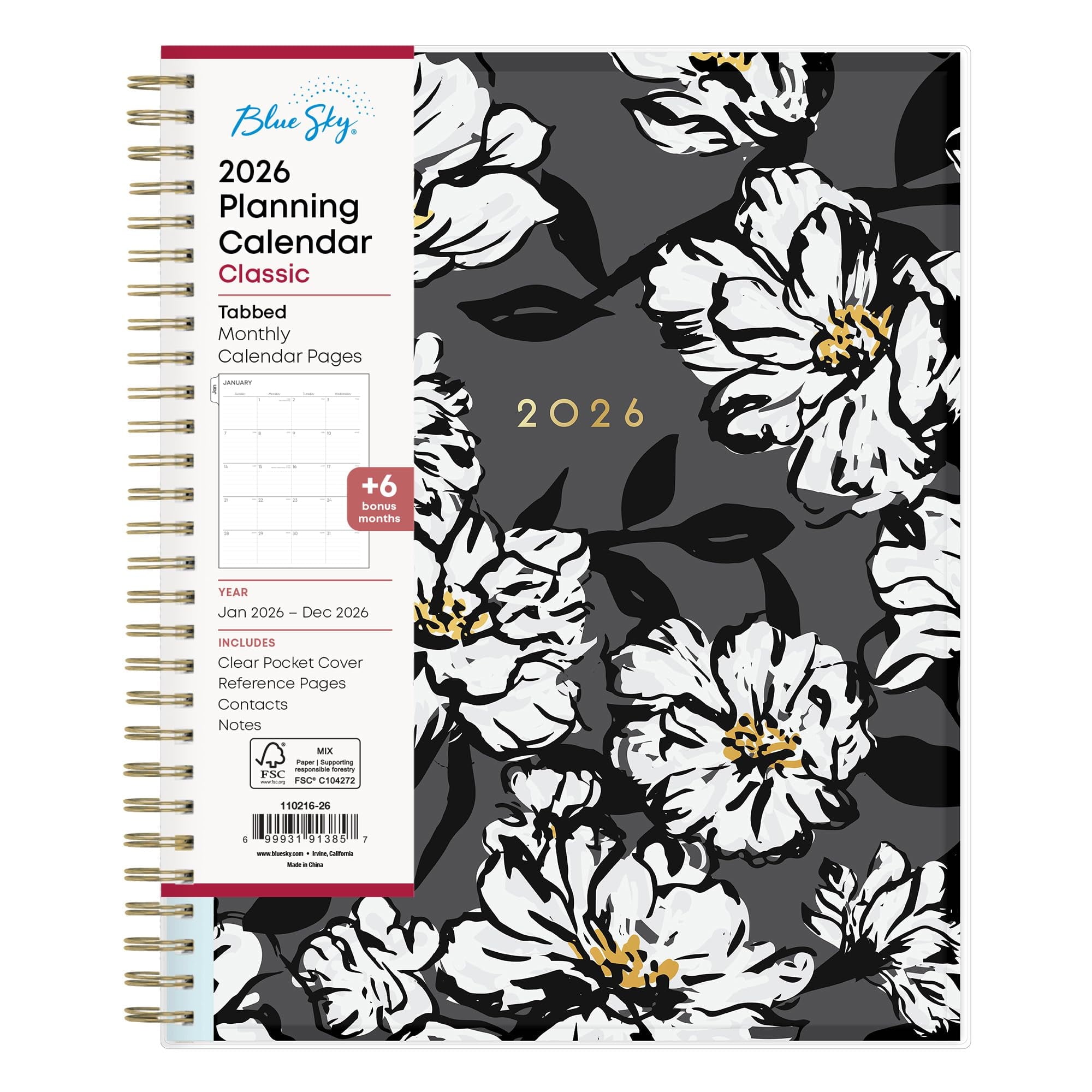 Blue Sky 2026 Monthly Planner Calendar, January 2026 - December 2026, 8" x 10", Clear Pocket Cover, Laminated Tabs, Durable Twin Wire Bindin