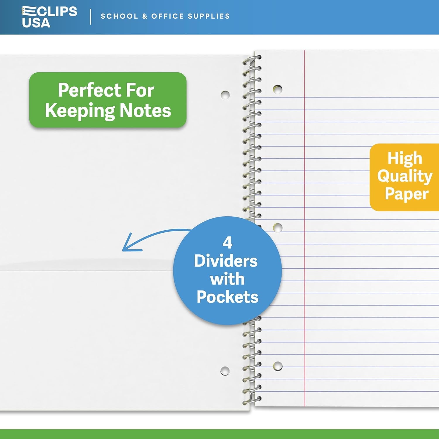 150-Sheet 5-Subject Wide Ruled Spiral Notebook with 2 Pocket Divider, 8.5” x 11”, 12-Pack - Image 5