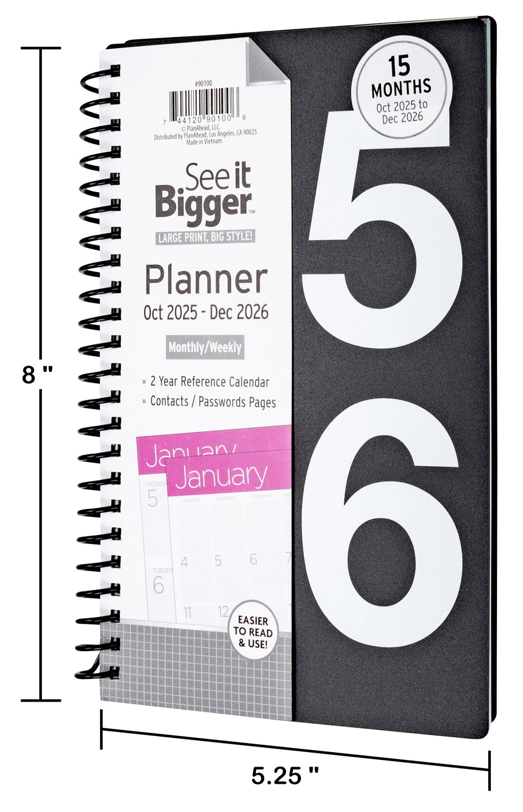 Monthly Weekly Planner Medium (5.25" x 8") Black, 15-month, Oct 2025-Dec 2026 - Image 3