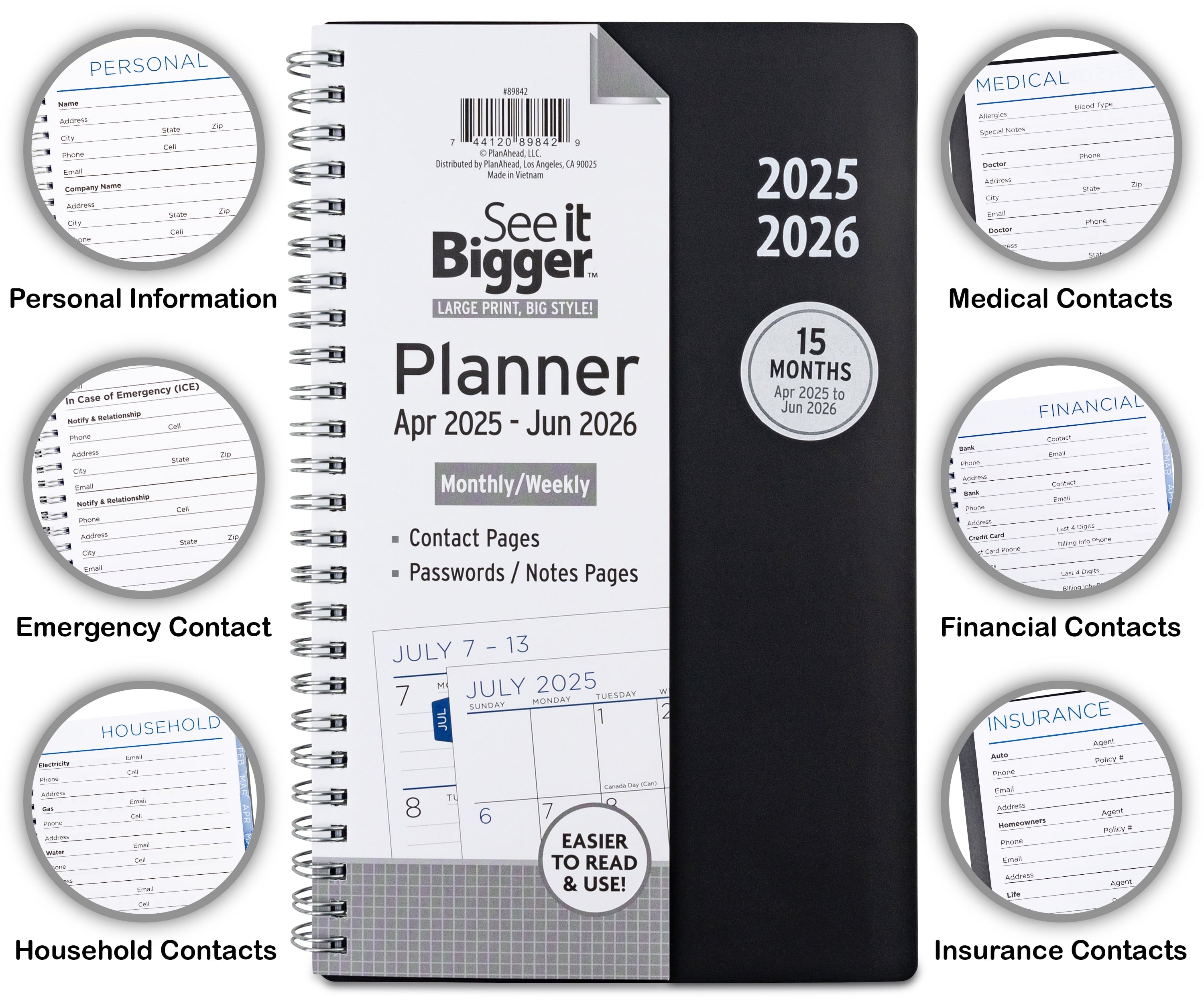 Monthly Weekly Planner Medium (6 x 8.5) Black, 15 month, Apr 2025-Jun 2026 - Image 2