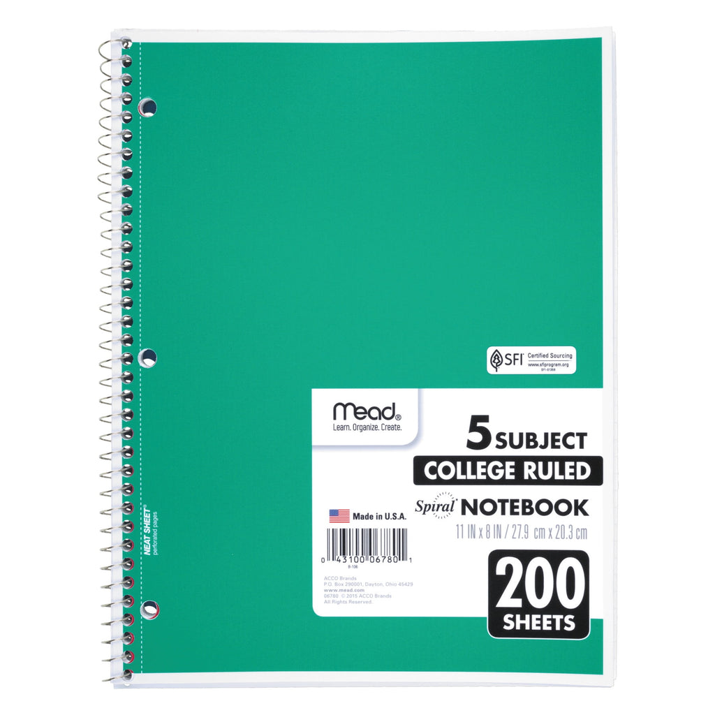 Spiral Notebook, 5 Subject, College Ruled, 200 Sheets, Assorted (06780) - Image 3