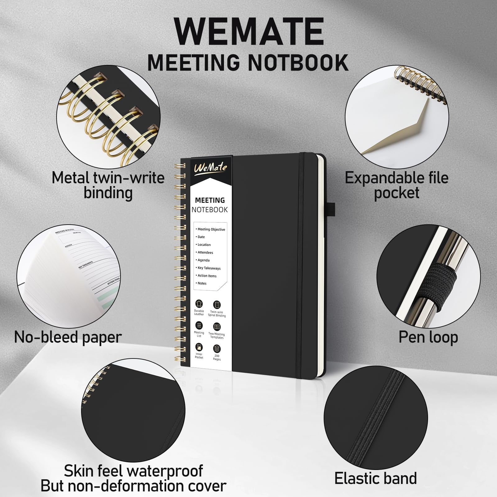 Spiral Notebook, Black Notebook, PU Leather Hardcover Notebook, 200 Pages, B5 (10" × 7") - Image 6