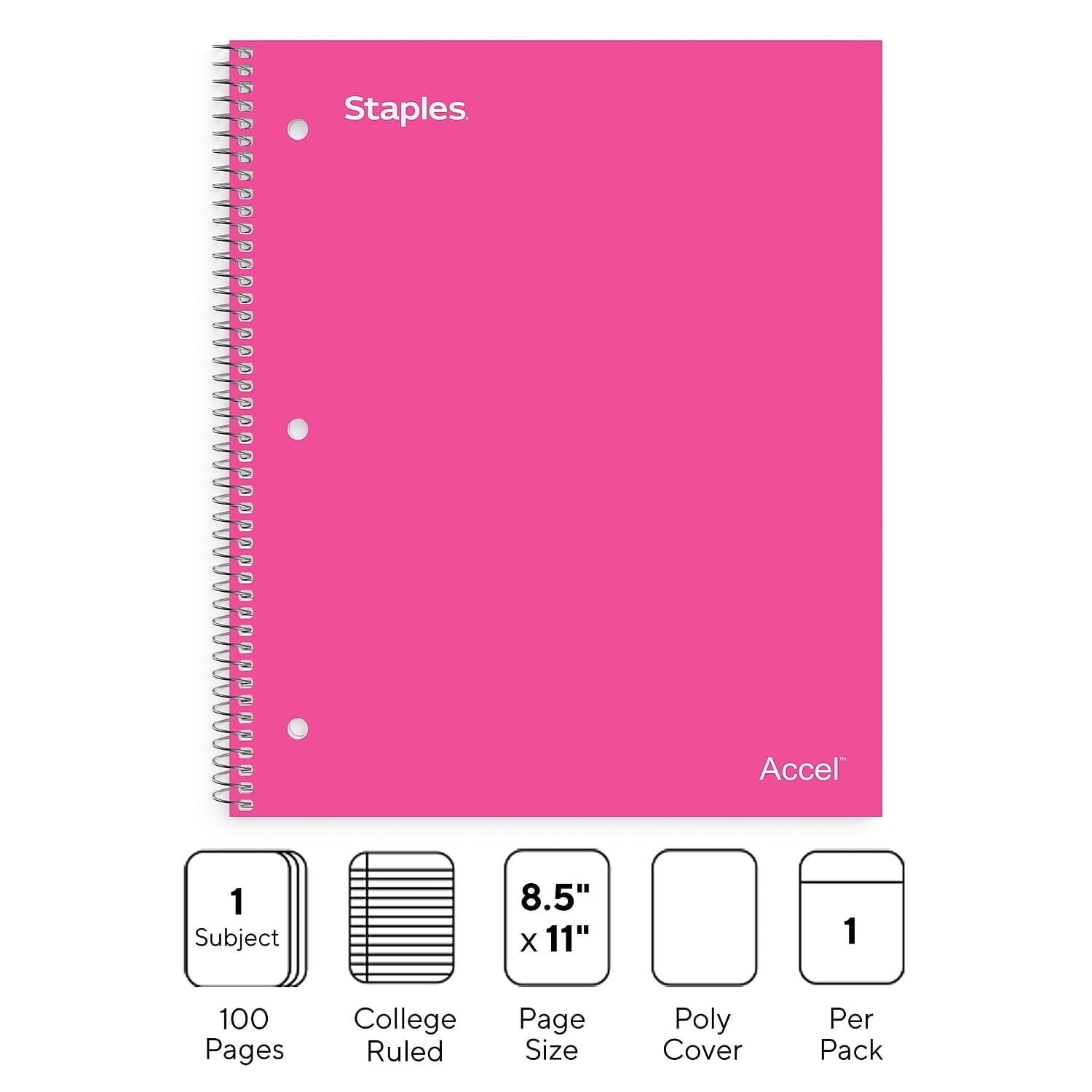Staples Durable Poly Cover 1 Subject Notebook College Ruled 8-1/2" x 11" Pink TR51448G/51448 - Image 2