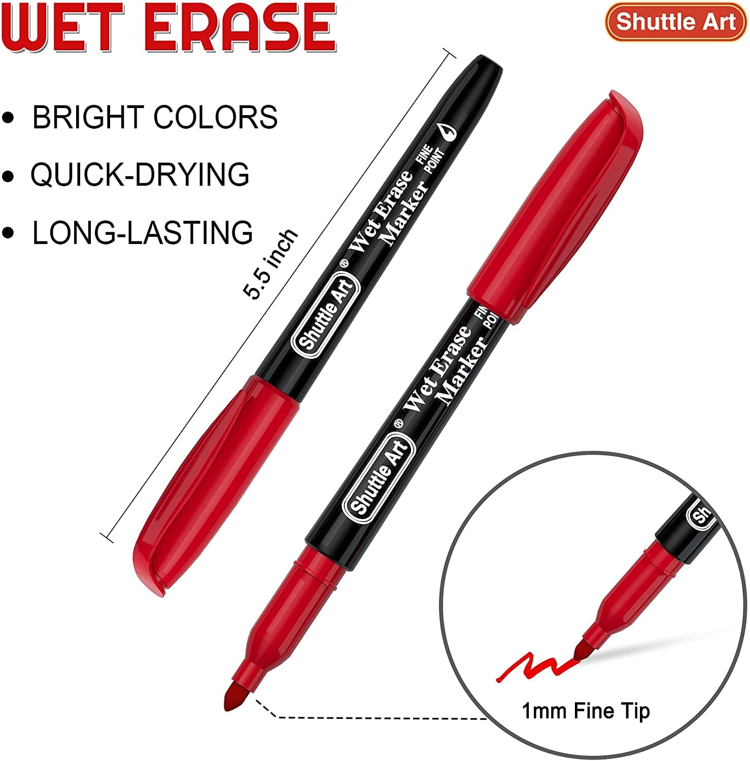 Wet Erase Markers, Shuttle Art 10 Colors 1mm Fine Tip Smudge-Free Markers, Use on Laminated Calendars, Overhead Projectors, Schedules, White - Image 2