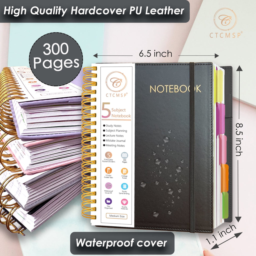 5 Subject Spiral Notebook,Leather Hardcover Notebook with Removable Dividers Tabs,College Ruled Organizer Notebooks f... - Image 5