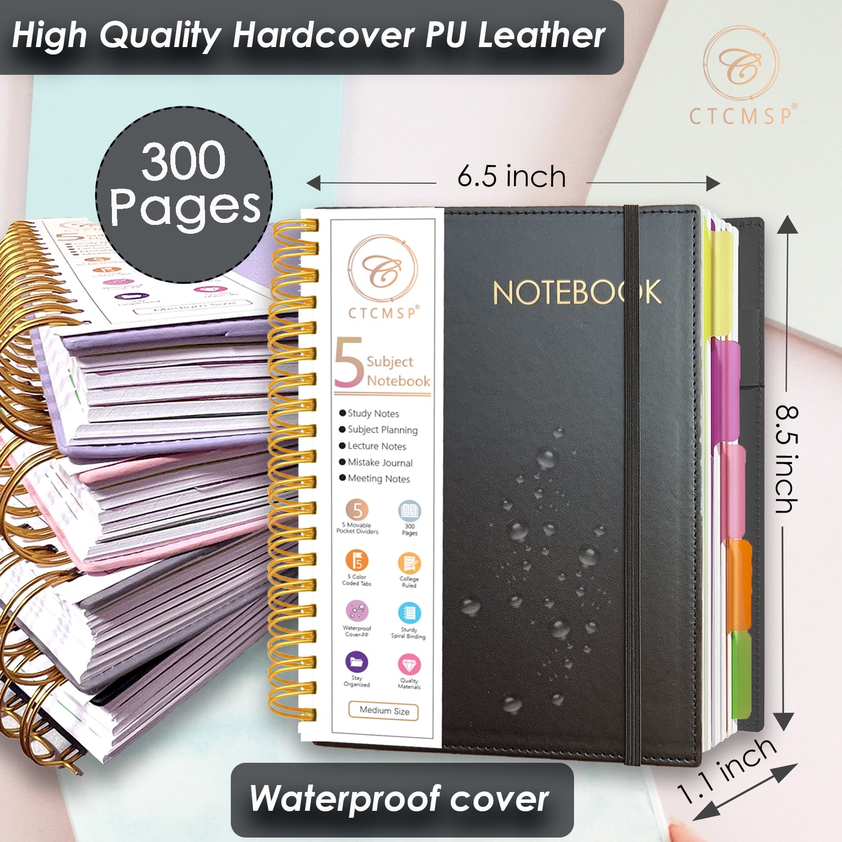 5 Subject Spiral Notebook,Leather Hardcover Notebook with Removable Dividers Tabs,College Ruled Organizer Notebooks f... - Image 5