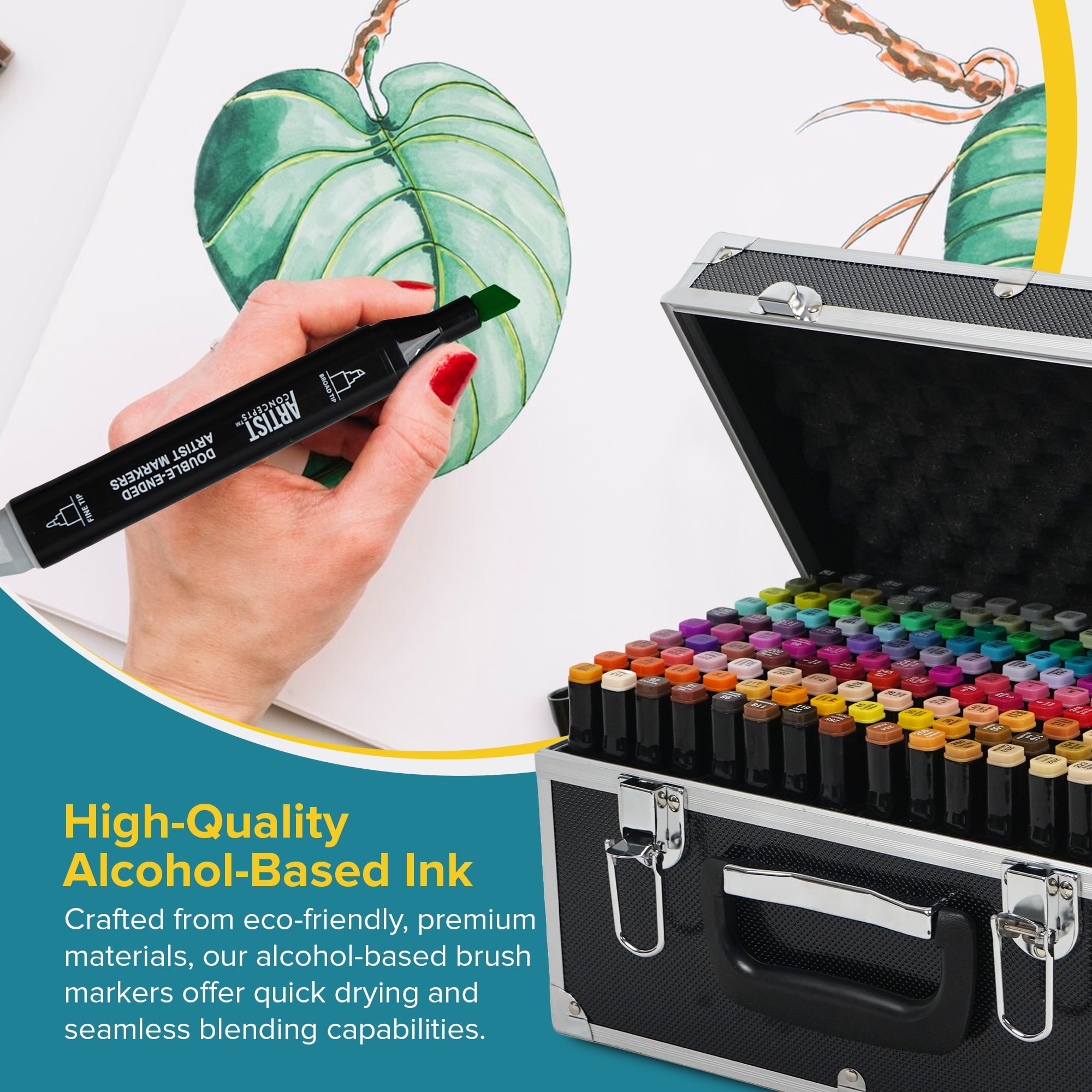 Dual tip Alcohol Markers Vibrant Colors for art and coloring, Metal Case, 160 Count - Image 2