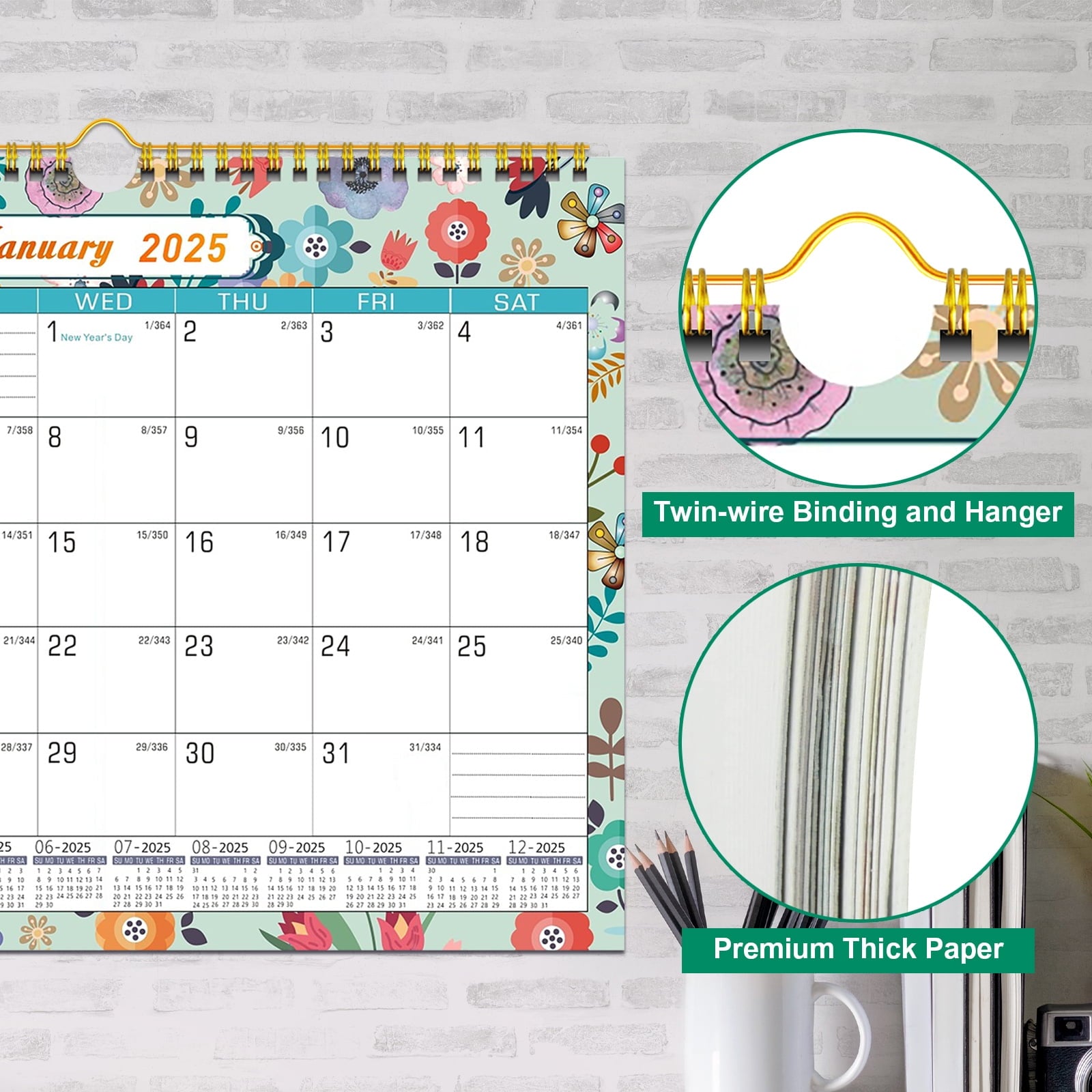 AGCAN 2025 Wall Calendar, 18 Months Daily Planner Agenda Monthly Planner for Home Office Classroom with 2 Pcs Planner Sticker, Runs From Jan - Image 2