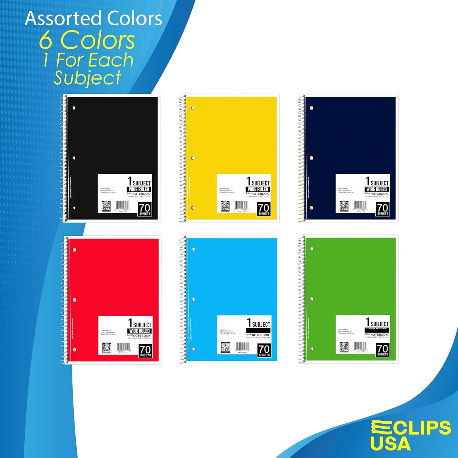 E-CLIPS USA Wide Ruled Single Subject Spiral Notebook, 50 GSM, 70 Sheets, 12 Pack - Image 5
