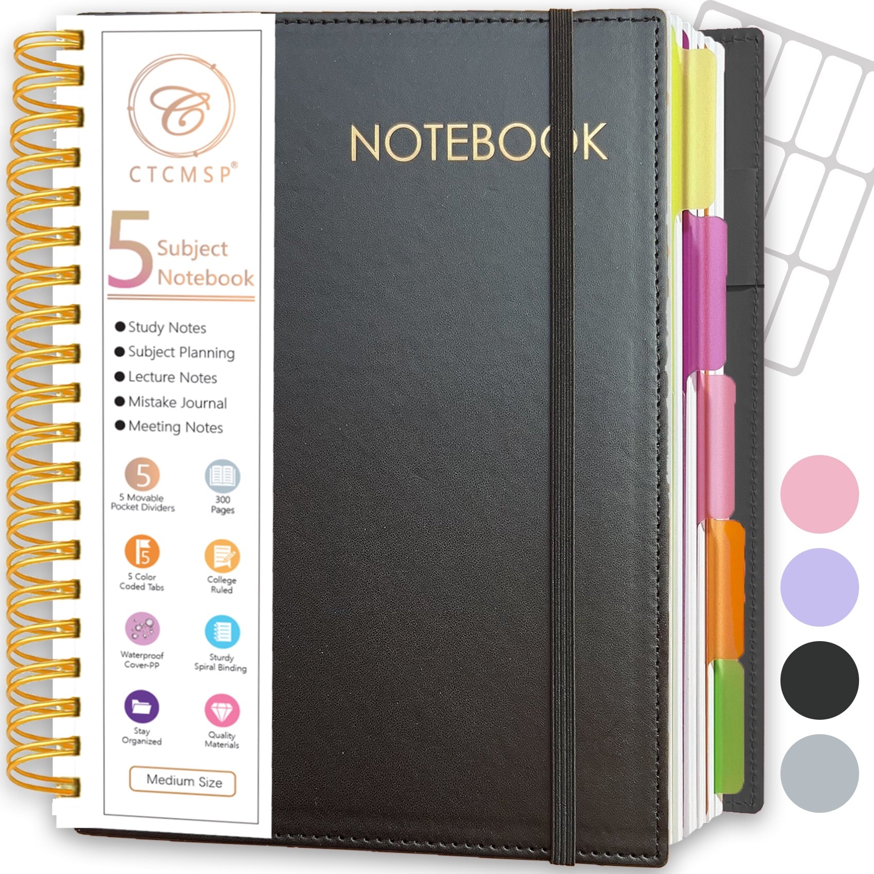5 Subject Spiral Notebook,Leather Hardcover Notebook with Removable Dividers Tabs,College Ruled Organizer Notebooks f...