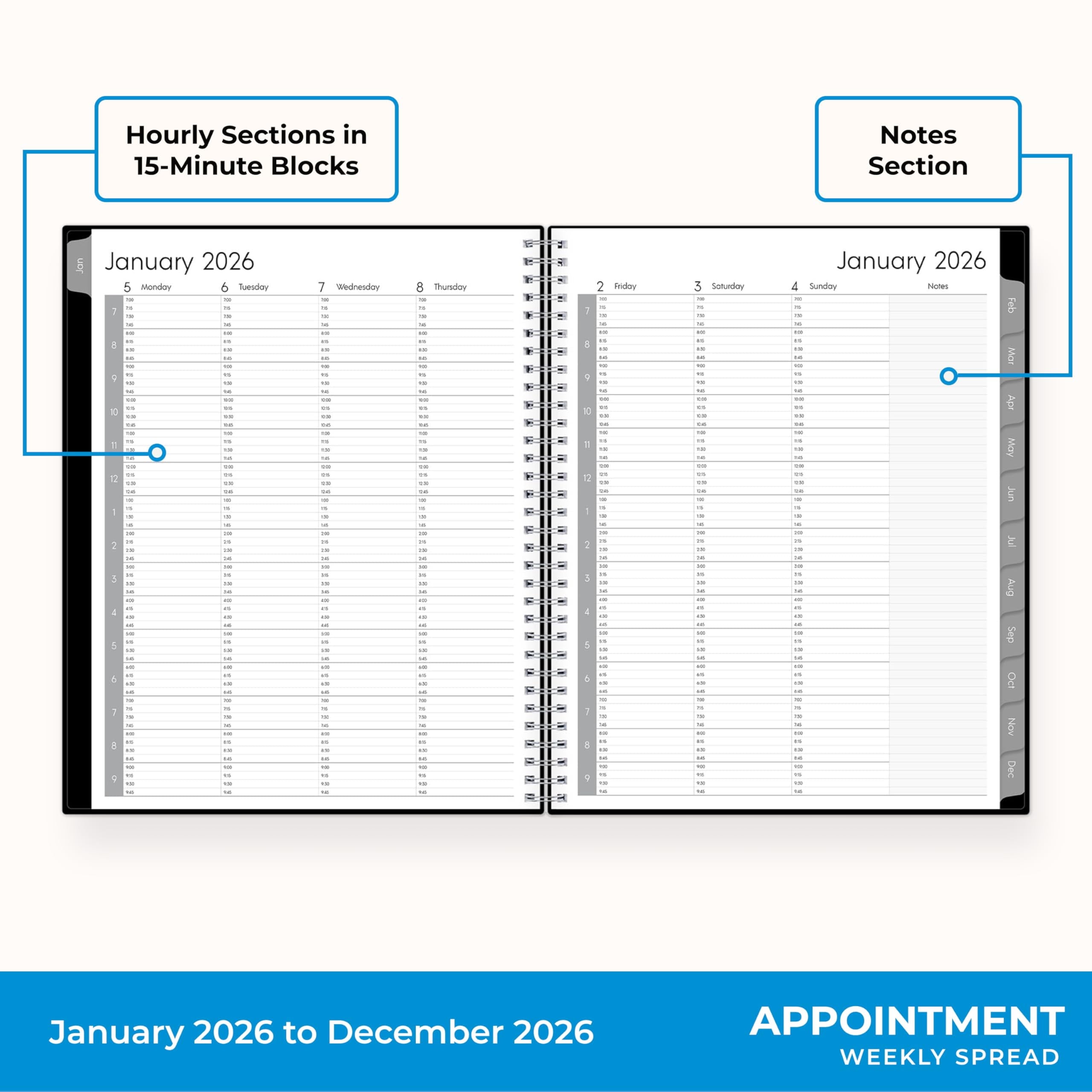 2026 Weekly and Monthly Appointment Planner Calendar, January 2026 - December 2026, 8.5" x 11", With 15-Minute Blocks... - Image 4