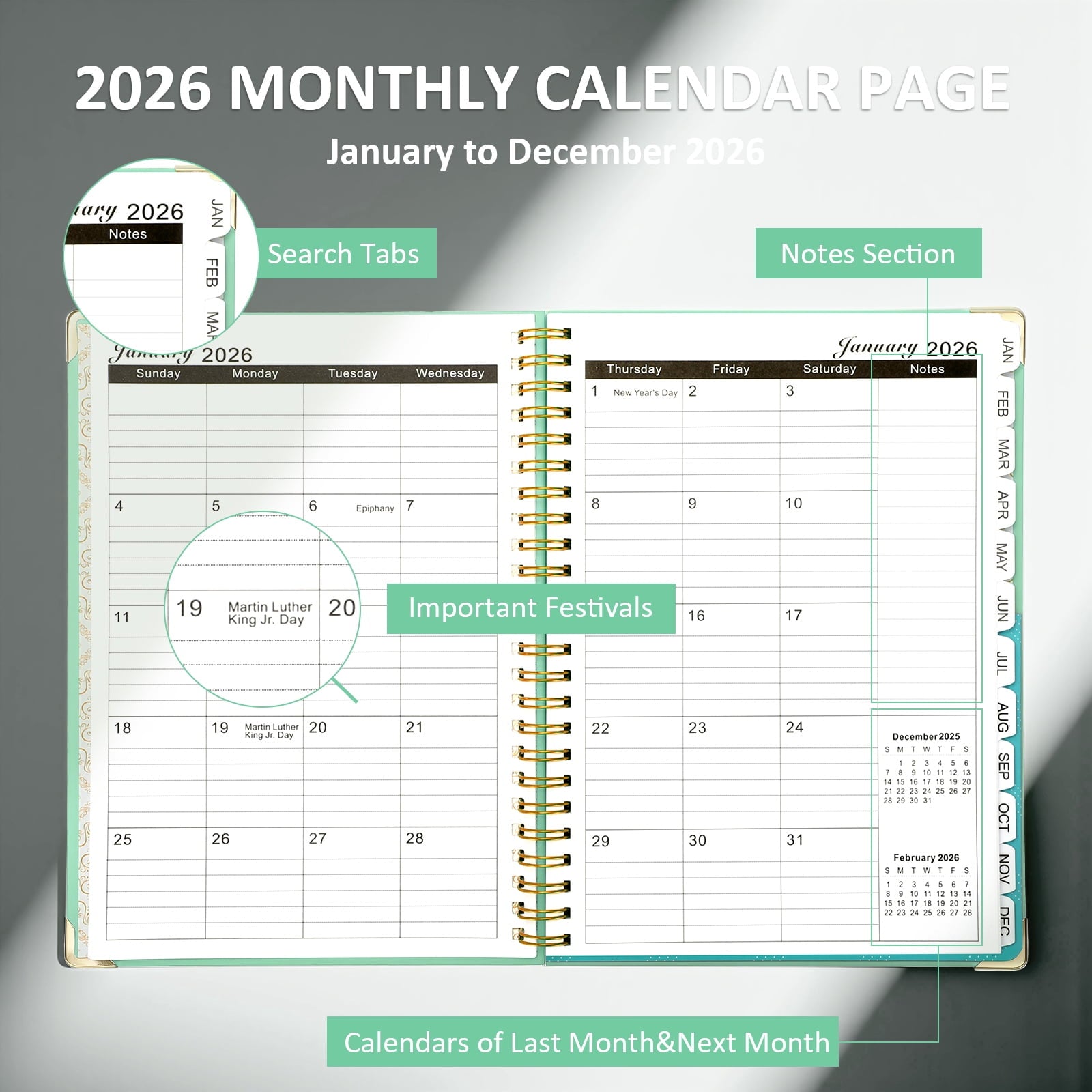 2026 Monthly Planner with Calendar Tabs,Agenda Schedule Planner for Office,Home,Personal Supplies - Image 3