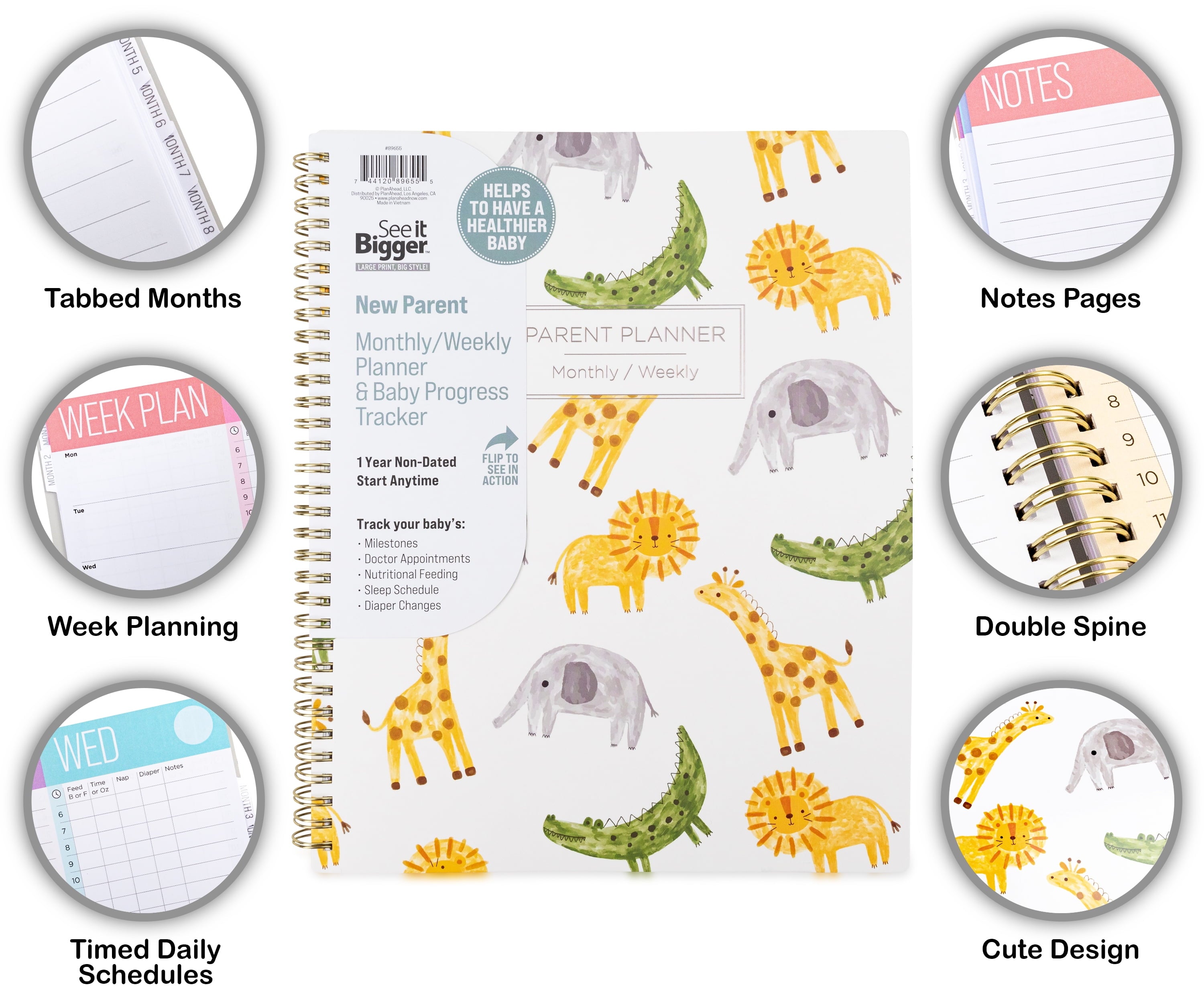 Parent Planner Large Monthly Weekly (9" x 11") Animals 12 Month Undated - Image 2