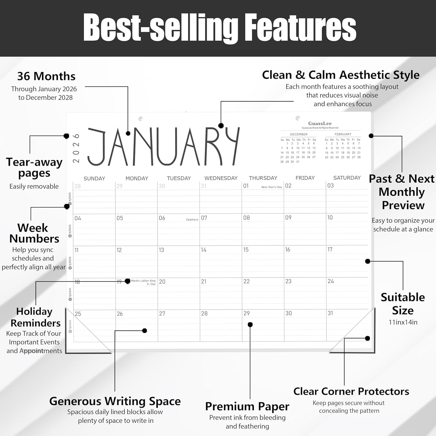 GuassLee 36 Month Desk Calendar 2026, . 2026 to December. 2028, 14" X 11" Monthly Planner with Thick Paper for Office... - Image 3