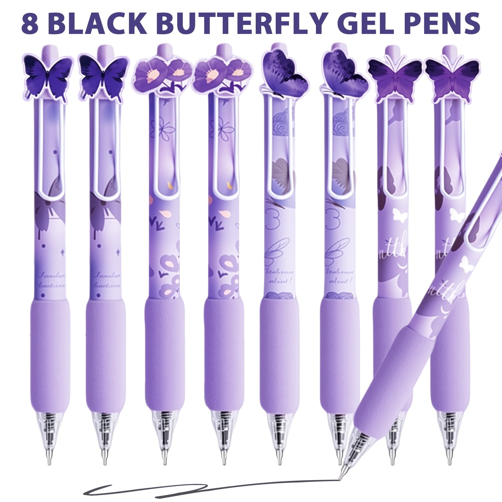 8 Pcs Purple Butterfly Pens Cute Retractable Gel Pens 0.5mm Black Ink Writing Pen for Women Men Pen Set Office Home Supplies - Image 2