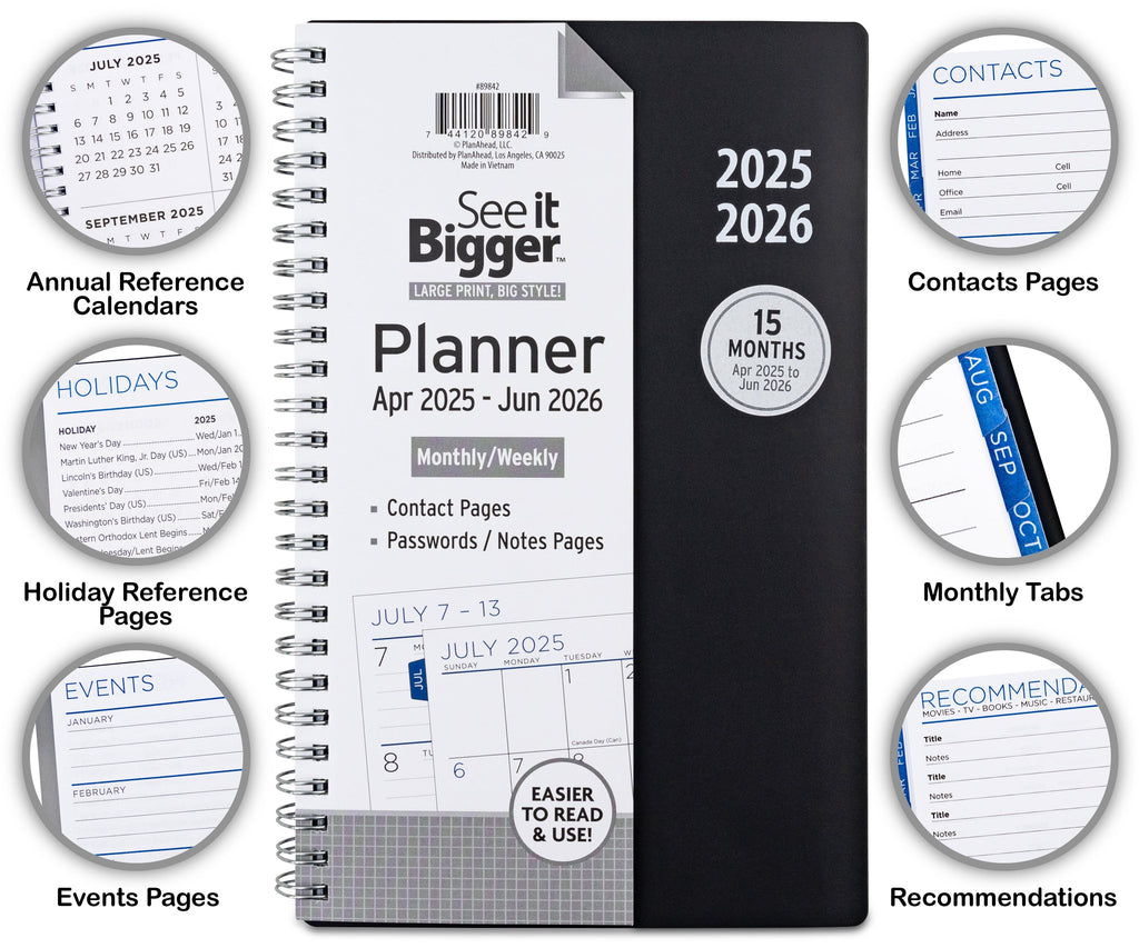 Monthly Weekly Planner Medium (6 x 8.5) Black, 15 month, Apr 2025-Jun 2026 - Image 3
