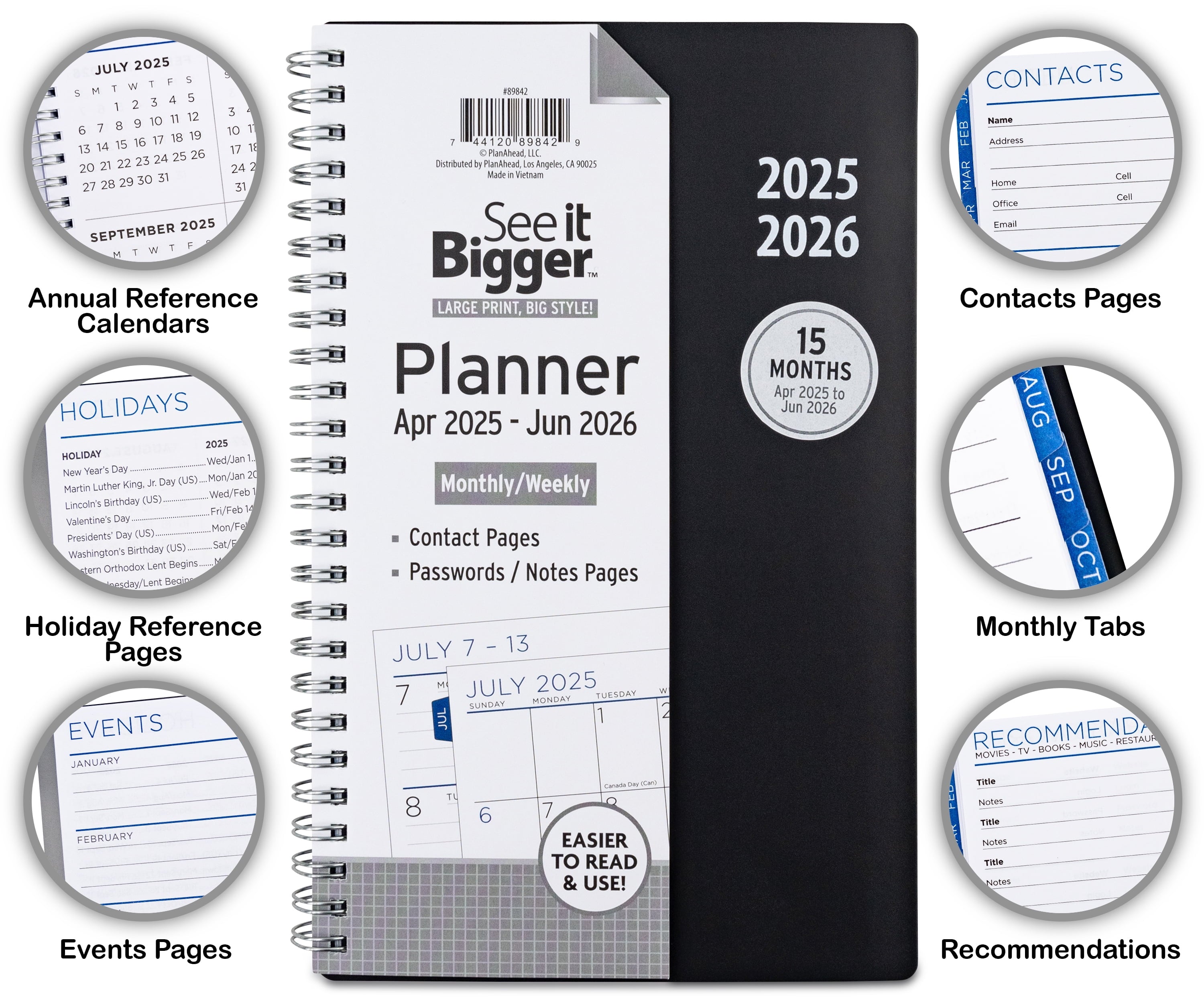 Monthly Weekly Planner Medium (6 x 8.5) Black, 15 month, Apr 2025-Jun 2026 - Image 3
