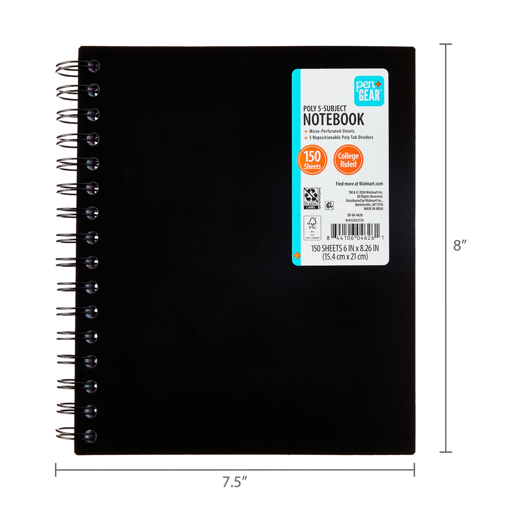 Pen+Gear College Ruled 5-Subject Poly Notebook, 6" x 8.26", Black, 150 Sheets - Image 6