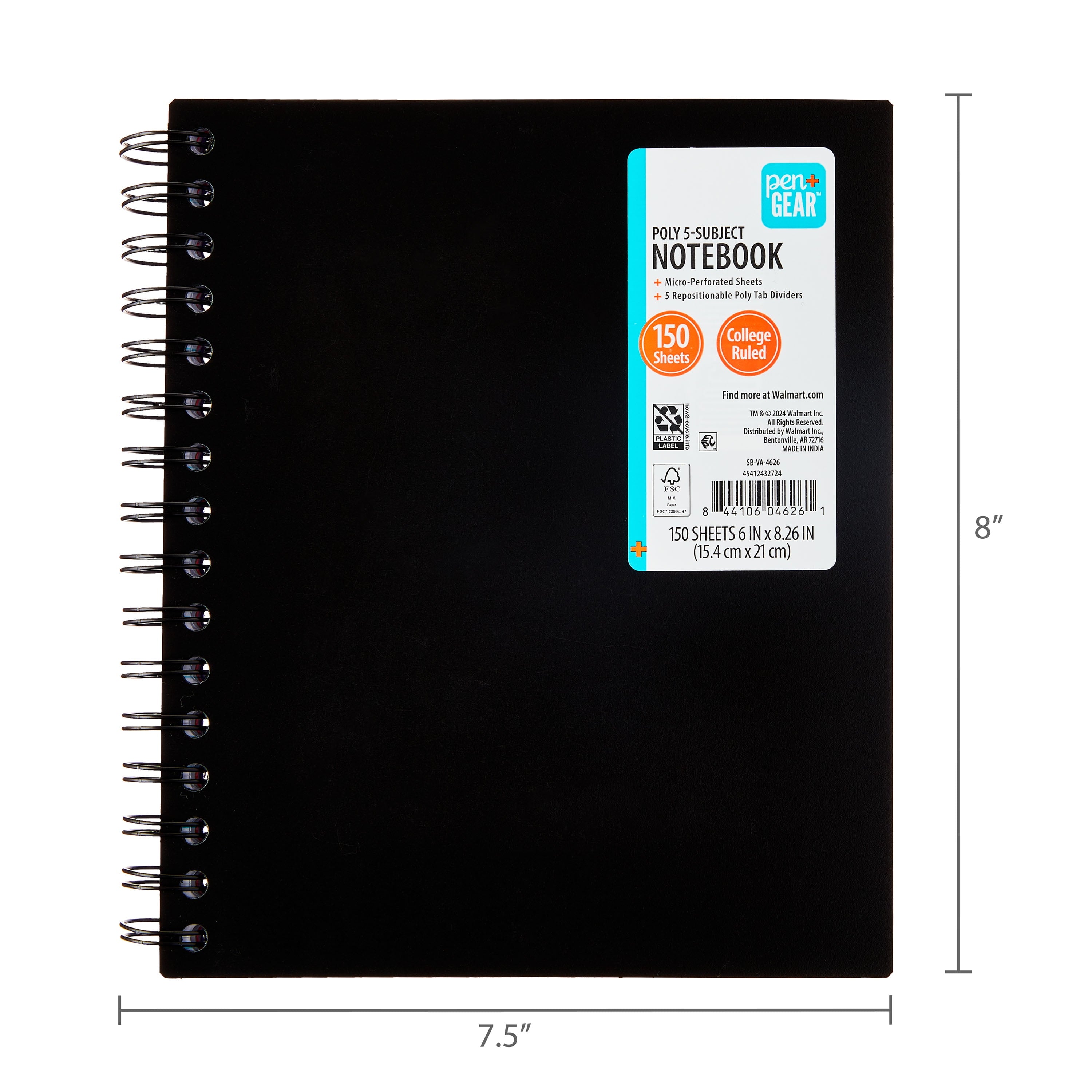 Pen+Gear College Ruled 5-Subject Poly Notebook, 6" x 8.26", Black, 150 Sheets - Image 6