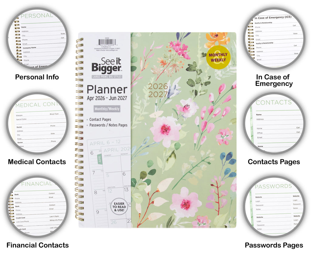 M/W Planner, Large (9" x 11"), Green Floral, 15-Month: Apr 2026 - Jun 2027 - Image 2