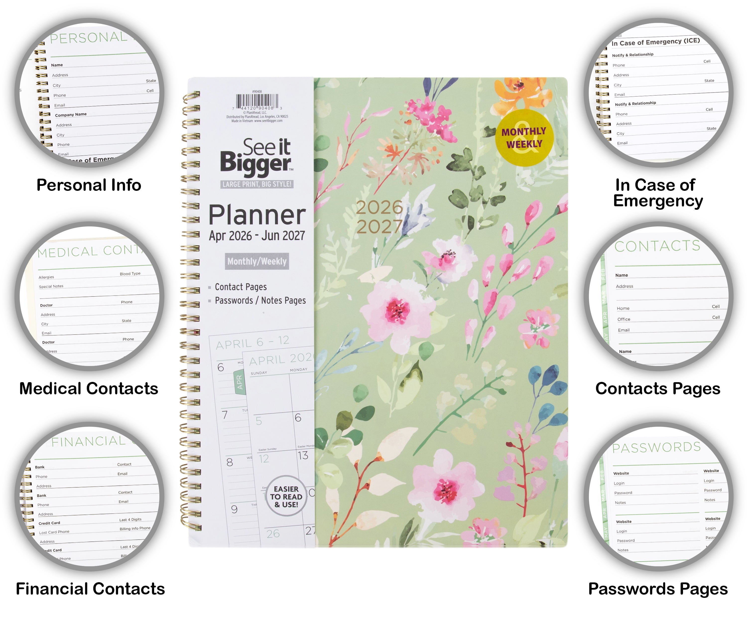 M/W Planner, Large (9" x 11"), Green Floral, 15-Month: Apr 2026 - Jun 2027 - Image 2