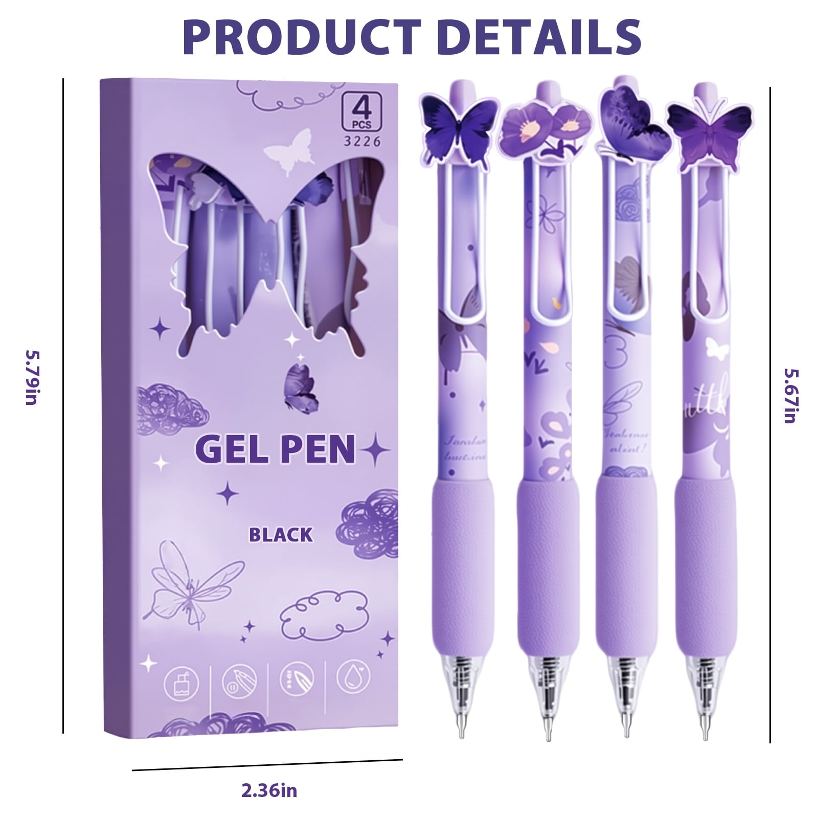 8 Pcs Purple Butterfly Pens Cute Retractable Gel Pens 0.5mm Black Ink Writing Pen for Women Men Pen Set Office Home Supplies - Image 3