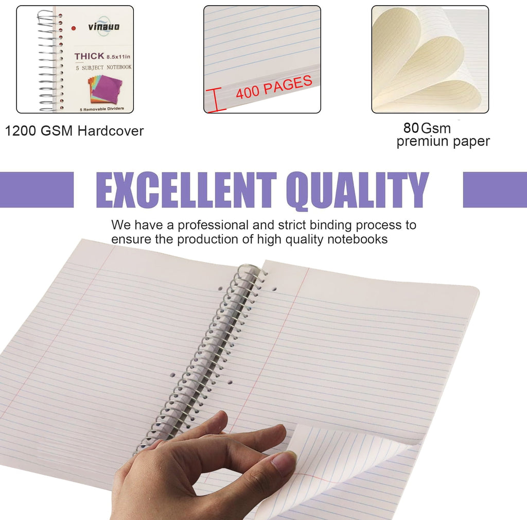 8.5" x 11", 5 Subject s College Ruled with Removable Dividers, 400 Pages Thick Writing Journal for Work , Pink - Image 6