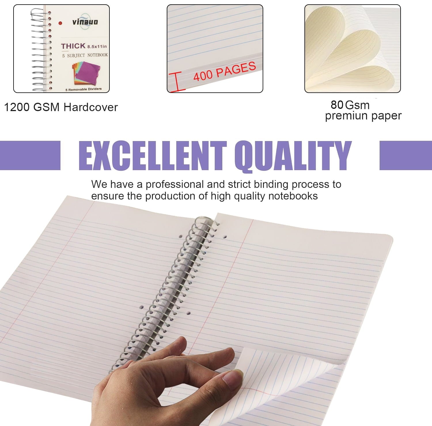 8.5" x 11", 5 Subject s College Ruled with Removable Dividers, 400 Pages Thick Writing Journal for Work , Pink - Image 6