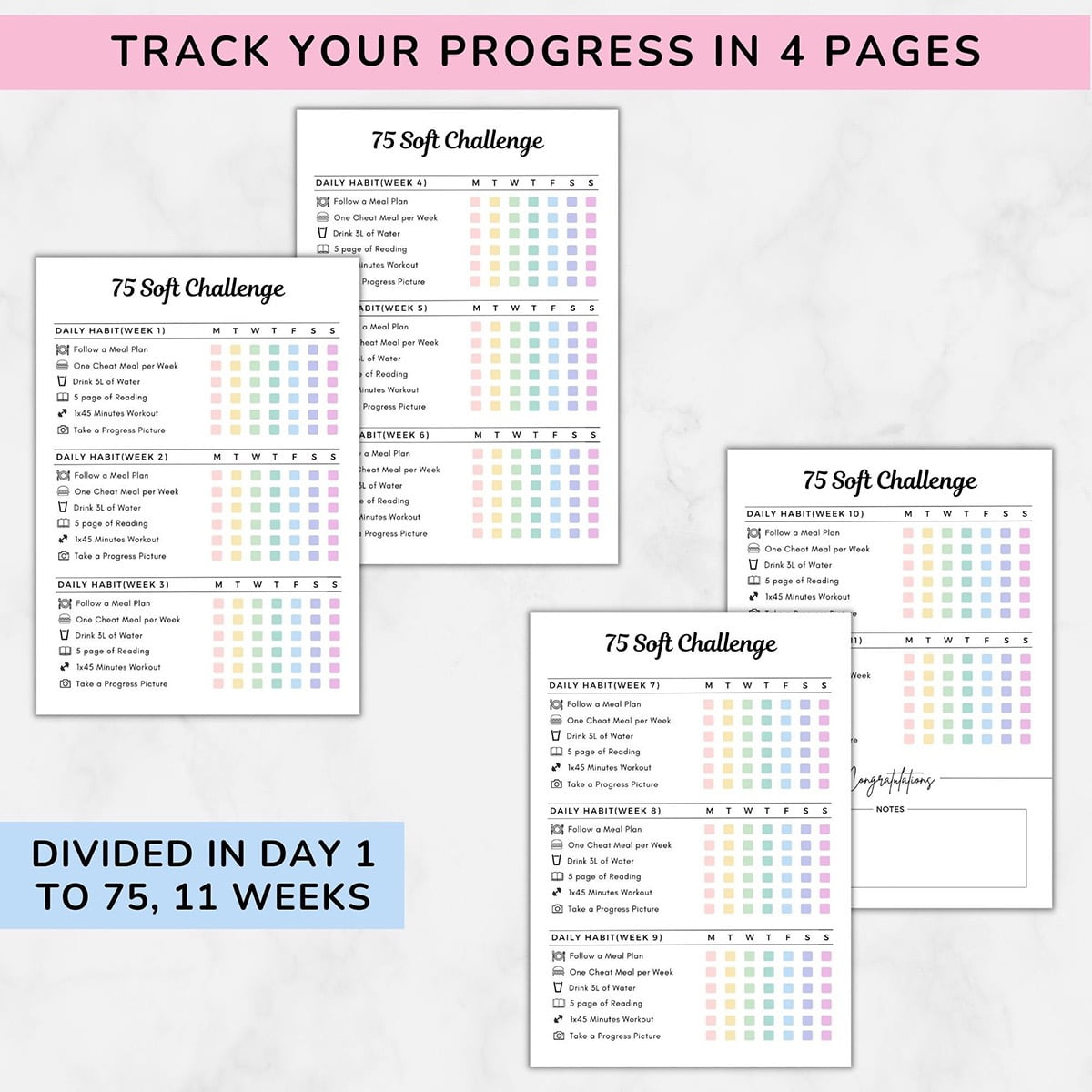 75-Day Planner Notebook, 75 Easy Target Tracker Journal – Editable Spiral Organizer Notepad with Weekly & Monthly Cal... - Image 3