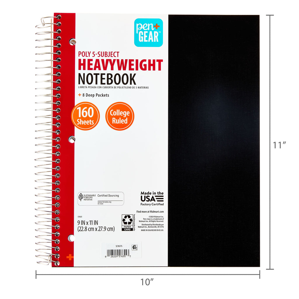 College Ruled 5-Subject Poly Notebook, 9" x 11", Black, 160 Sheets - Image 6