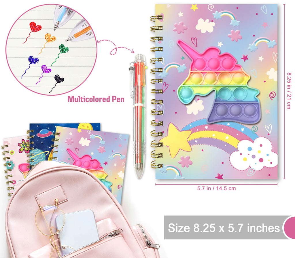 Pop Notebook with Pen, 21x14.5cm 160 Lined Pages Unicorn Spiral Journal for Studnets with 6 Multicolor Pen Fidget Wri... - Image 2