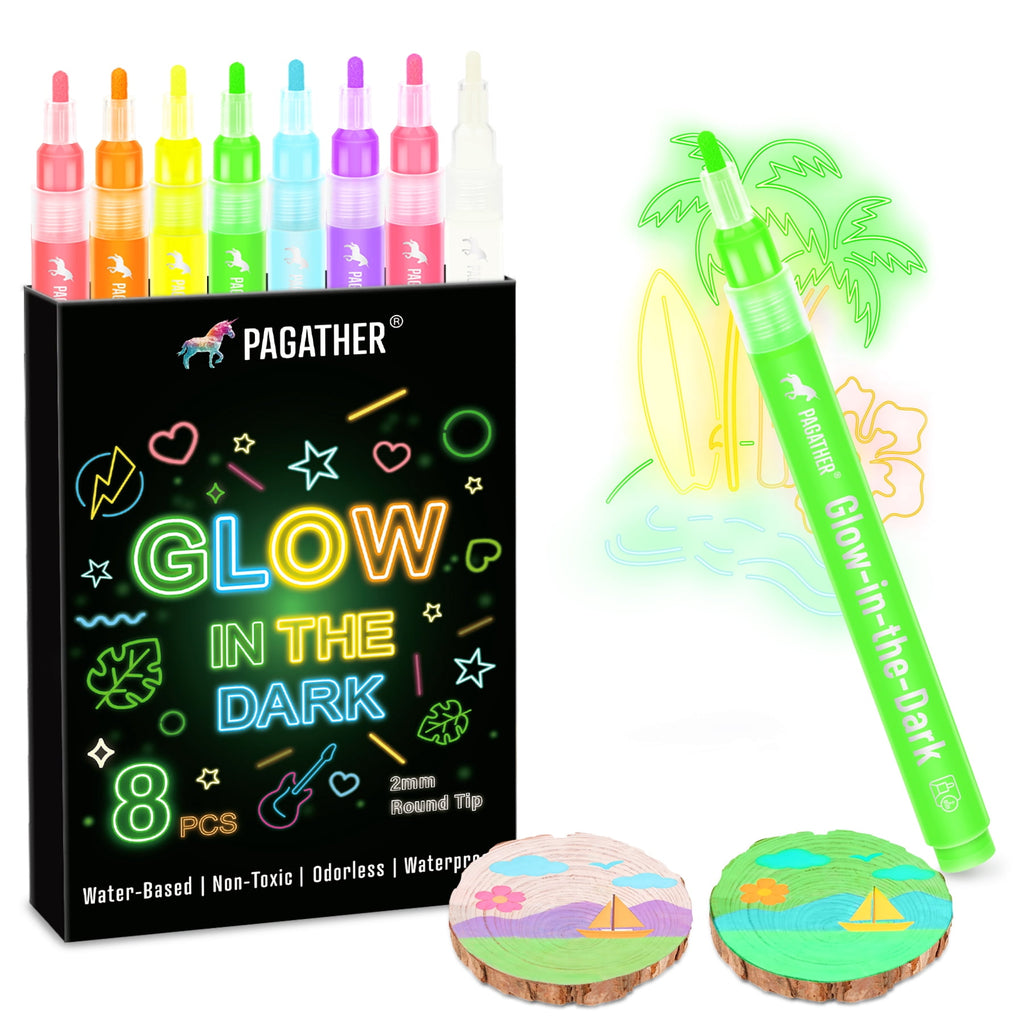 8 in the Dark Markers 2mm Round Tip Neon Fluorescent Paint Pens for Rock Painting, Fabric, Glass, Wood, and Crafts