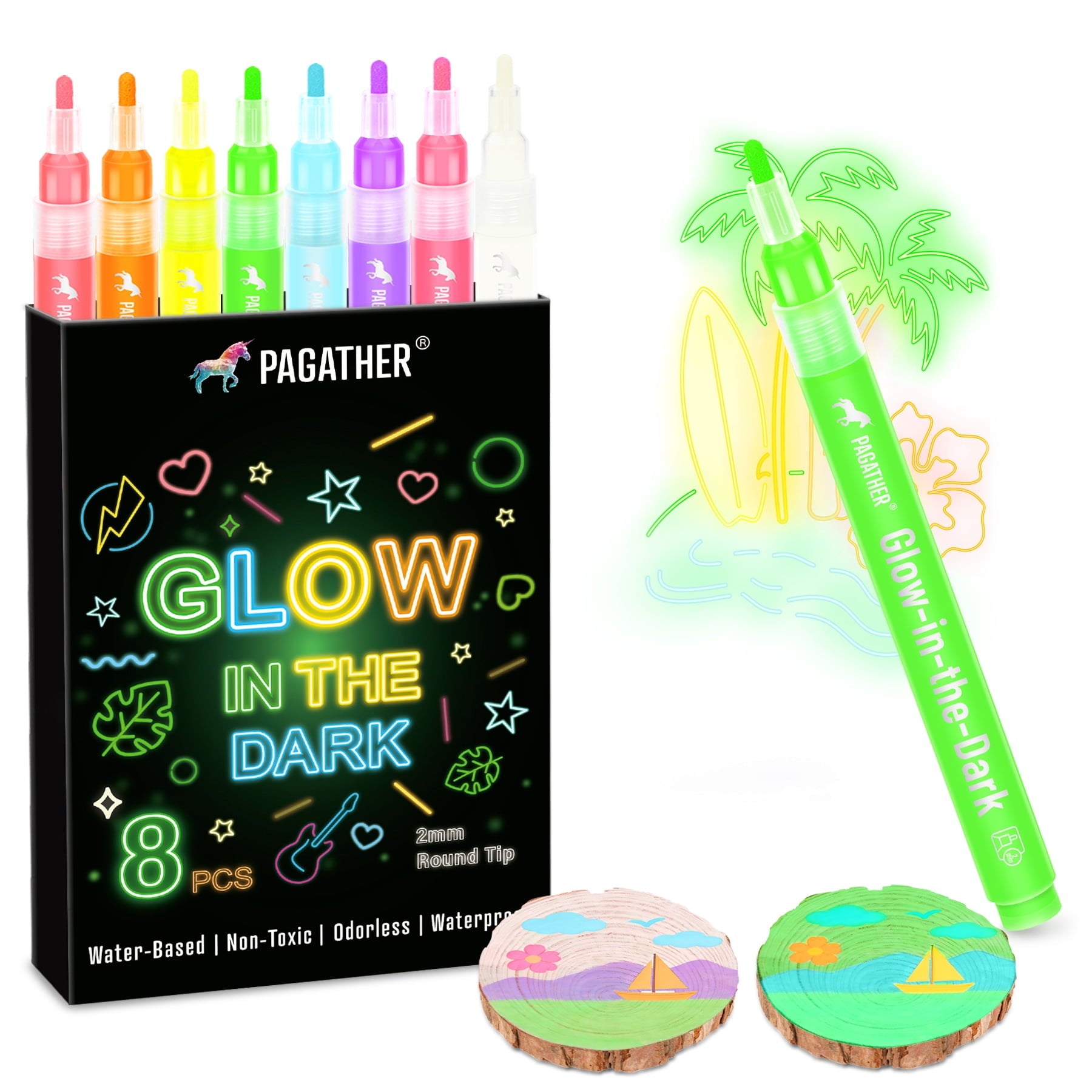 8 in the Dark Markers 2mm Round Tip Neon Fluorescent Paint Pens for Rock Painting, Fabric, Glass, Wood, and Crafts