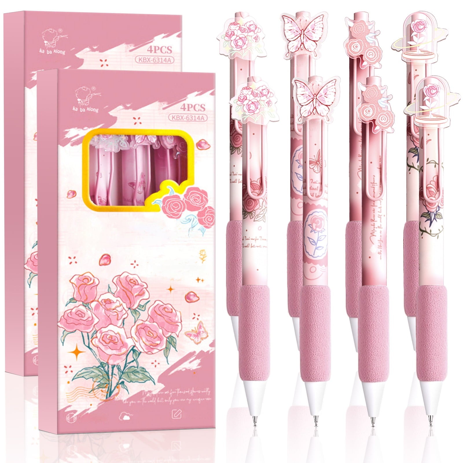 8 Pcs Pink Coquette Rose Butterfly Pens Cute Retractable Gel Pens 0.5mm Black Ink Writing Pen for Women Men Pen Set Office Home Supplies