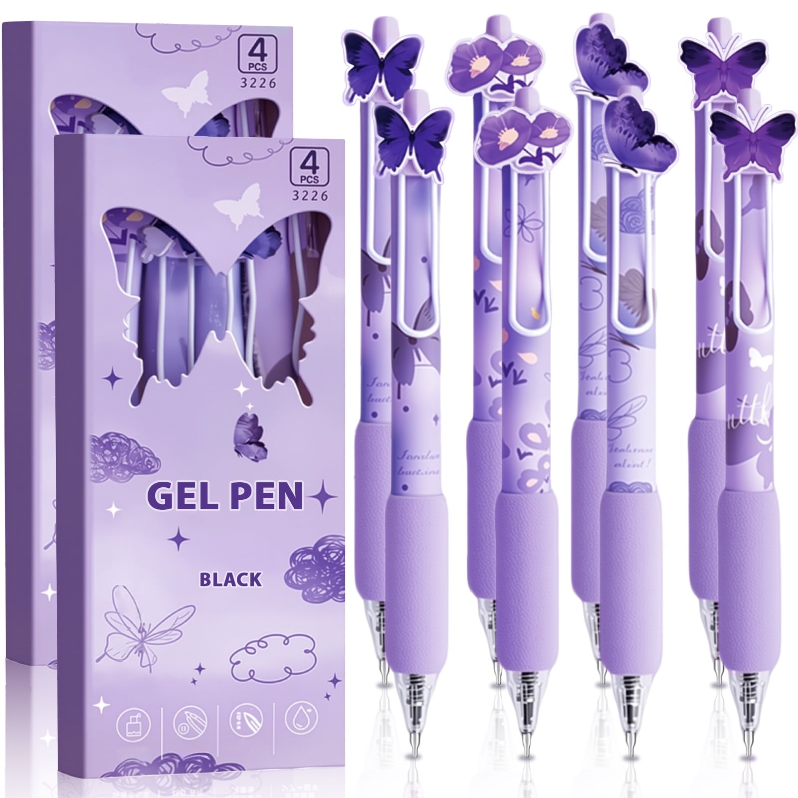 8 Pcs Purple Butterfly Pens Cute Retractable Gel Pens 0.5mm Black Ink Writing Pen for Women Men Pen Set Office Home Supplies