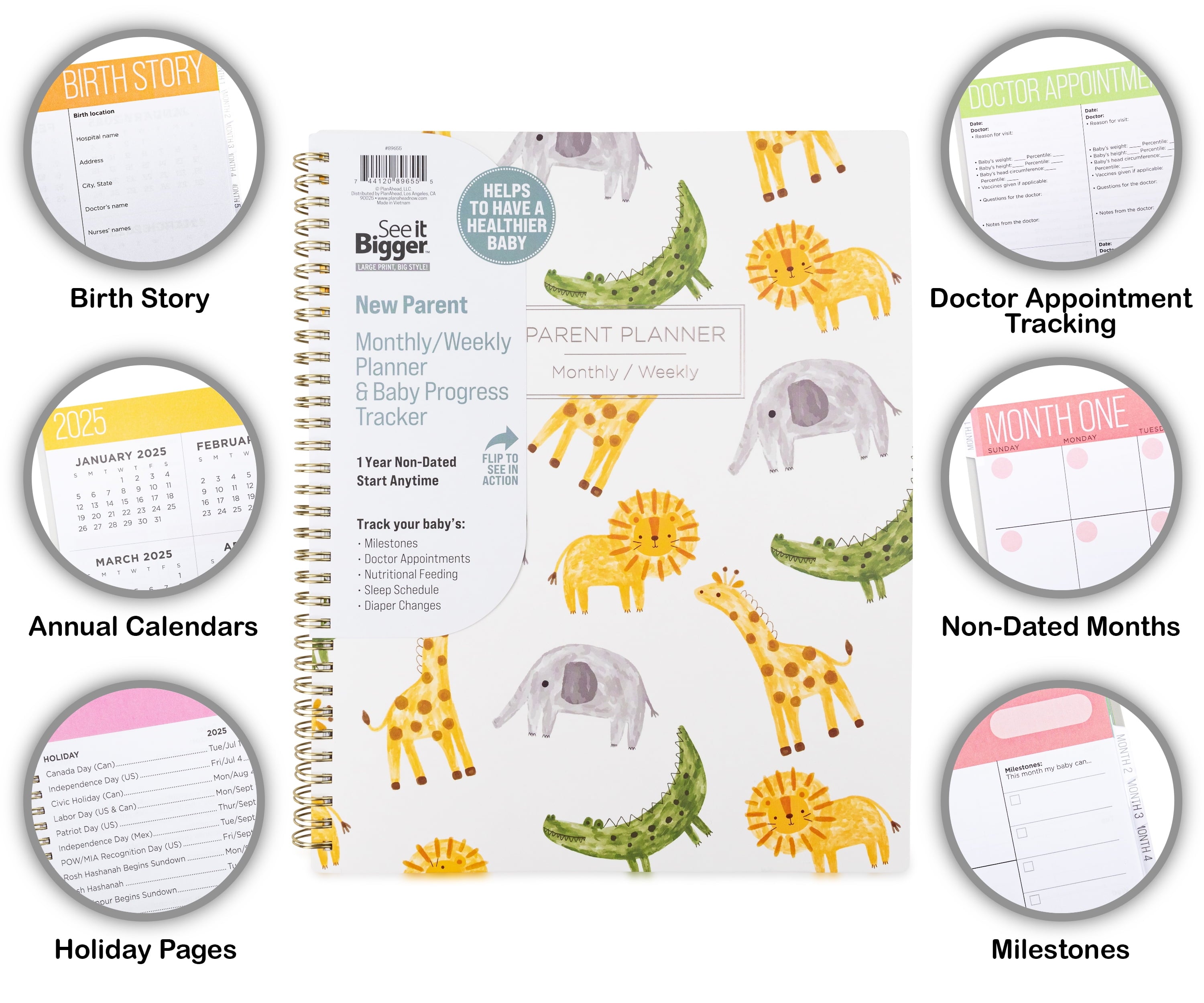 Parent Planner Large Monthly Weekly (9" x 11") Animals 12 Month Undated - Image 3