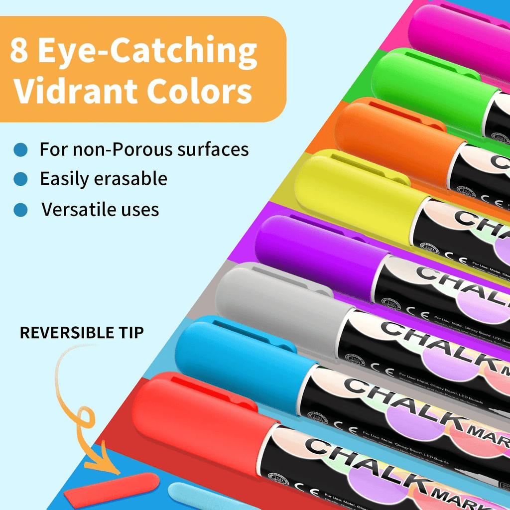 Liquid Chalk Markers Pens,8 Colors Washable & Wet Erase Neon Chalk Makers for Blackboard,Chalkboard Signs,Glass Windo... - Image 2