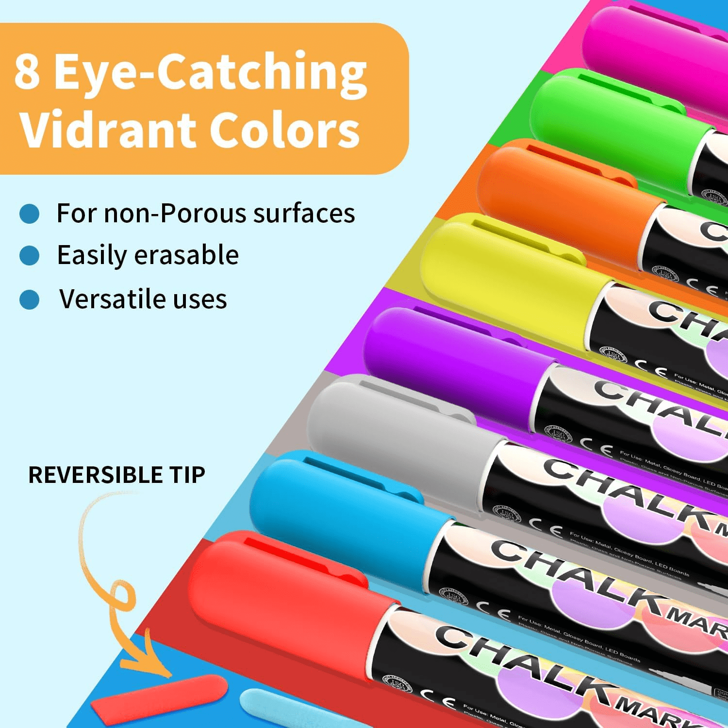 Liquid Chalk Markers Pens,8 Colors Washable & Wet Erase Neon Chalk Makers for Blackboard,Chalkboard Signs,Glass Windo... - Image 2